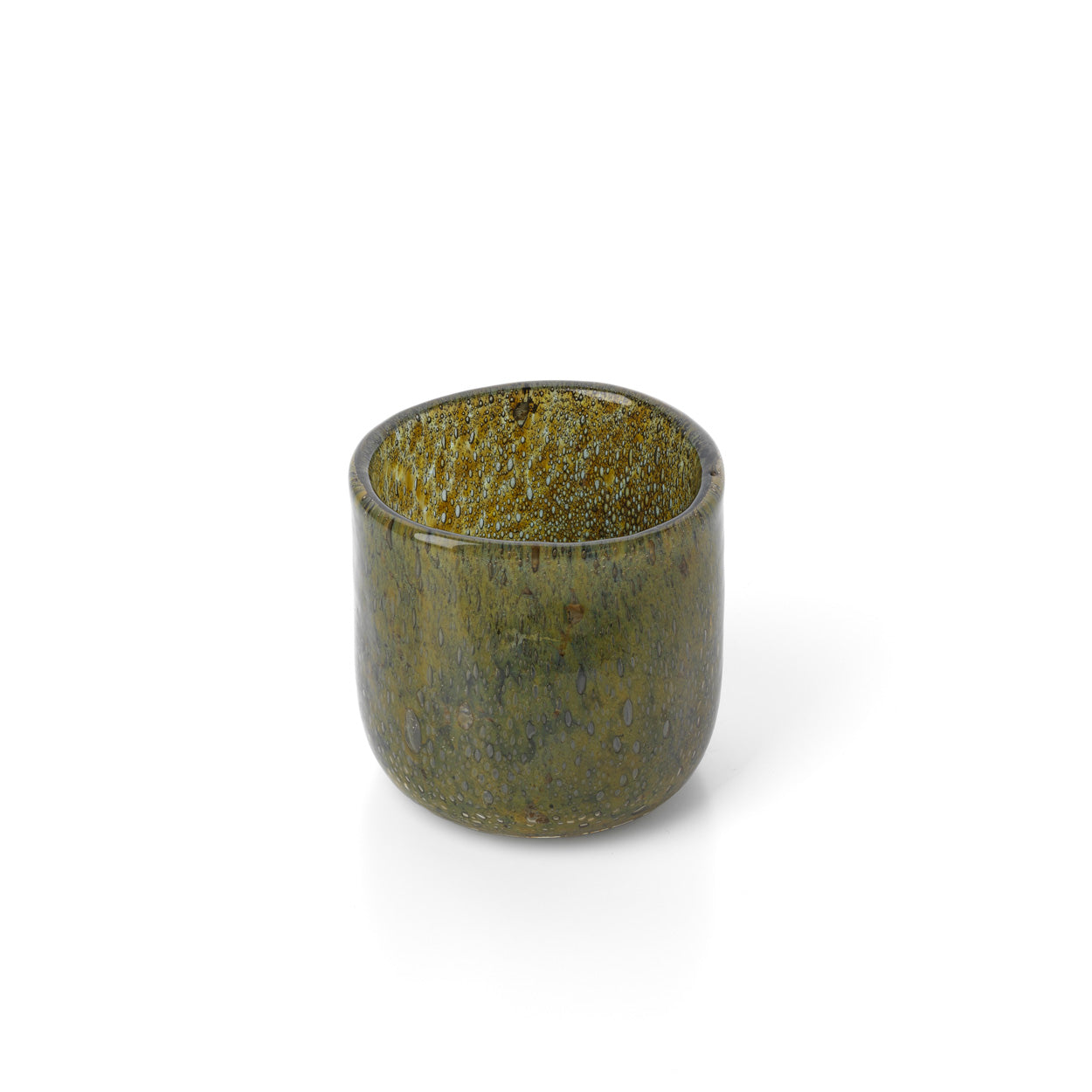 Green glass candle holder on a white background