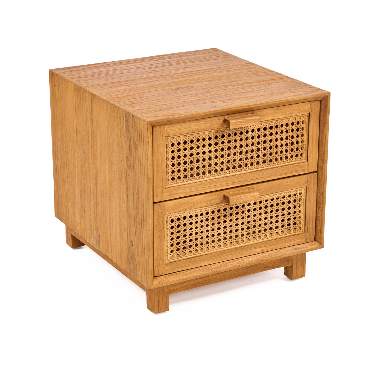 Wooden bedside table with wicker drawers on a white background