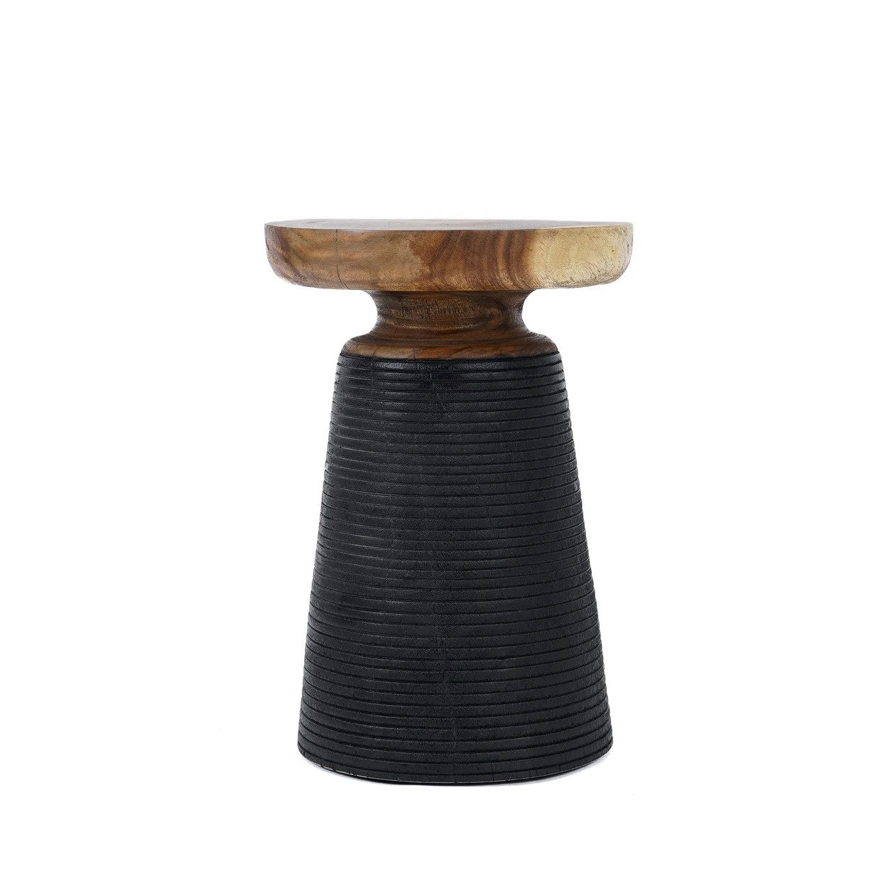 Side table with wooden top and black ribbed base on a white background