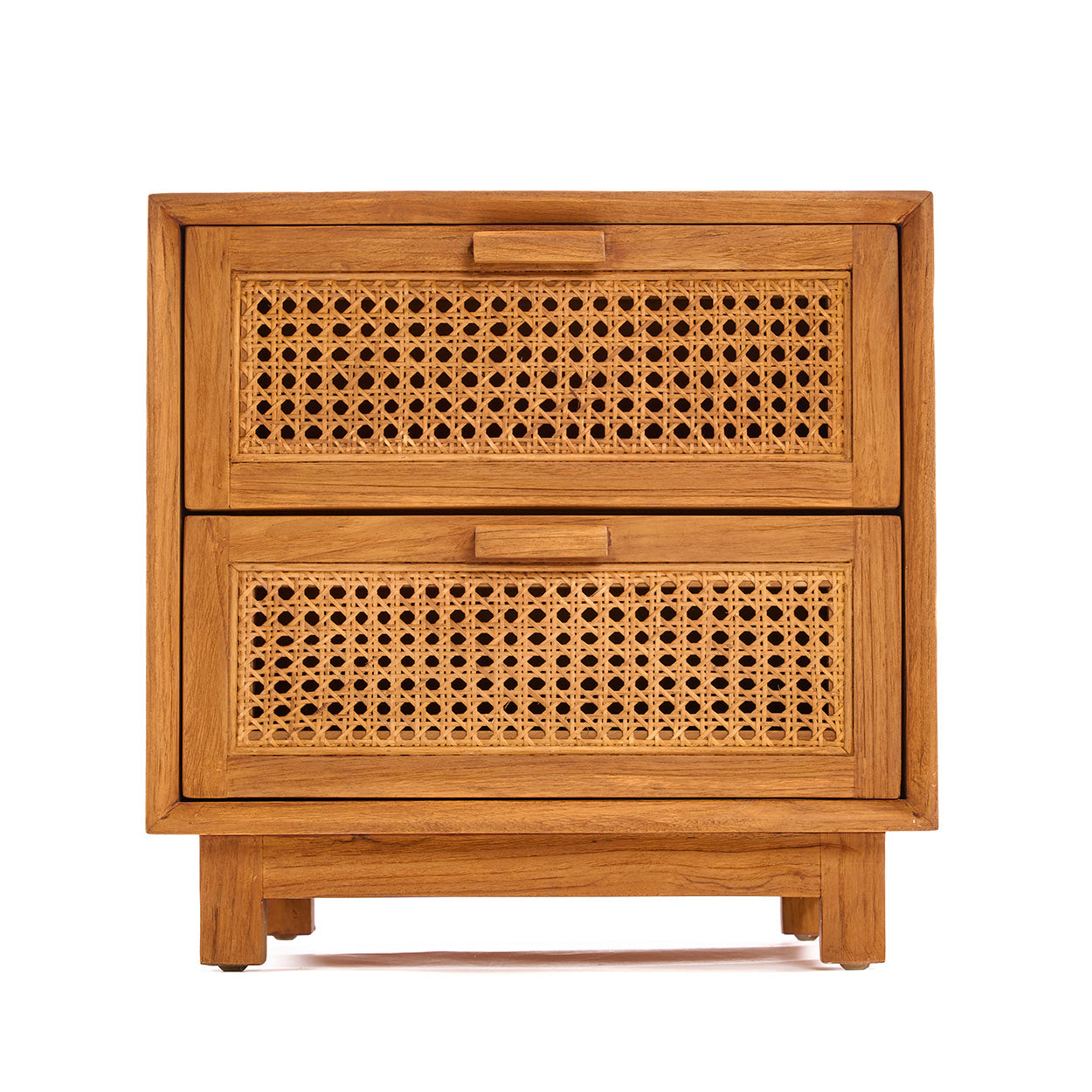 Wooden nightstand with wicker-style drawers on a white background