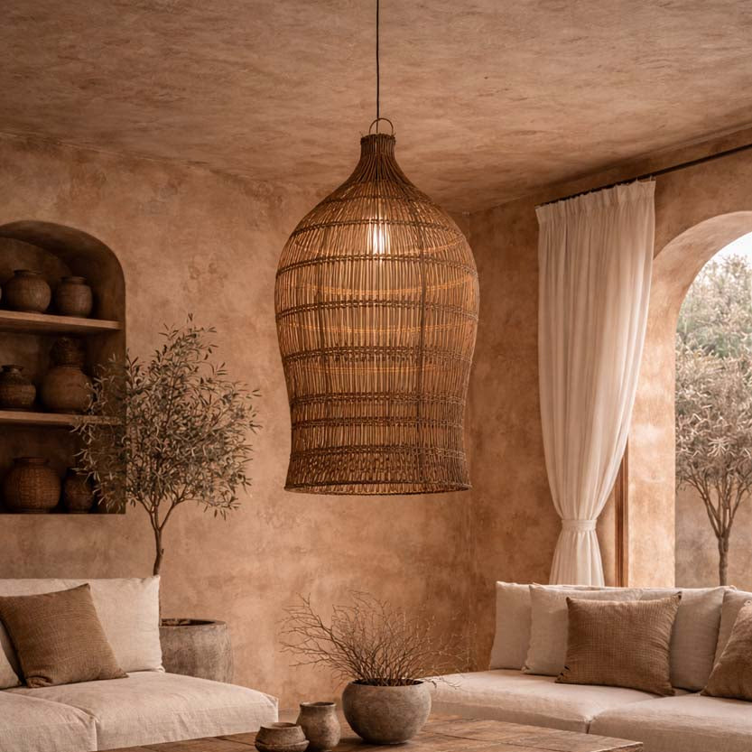 Cozy living room with beige walls, wooden coffee table, and bamboo pendant light.