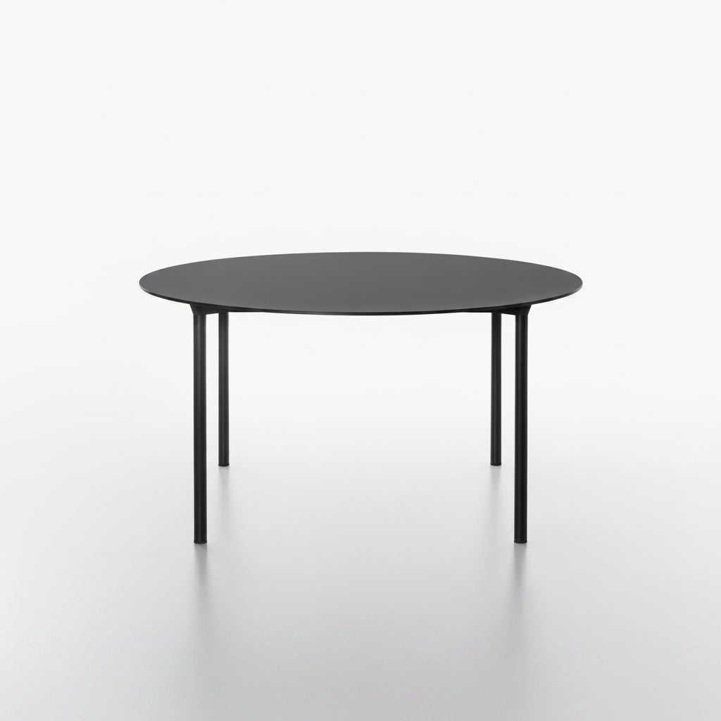 MONZA round table with black HPL table top and black powder coated legs on a white background