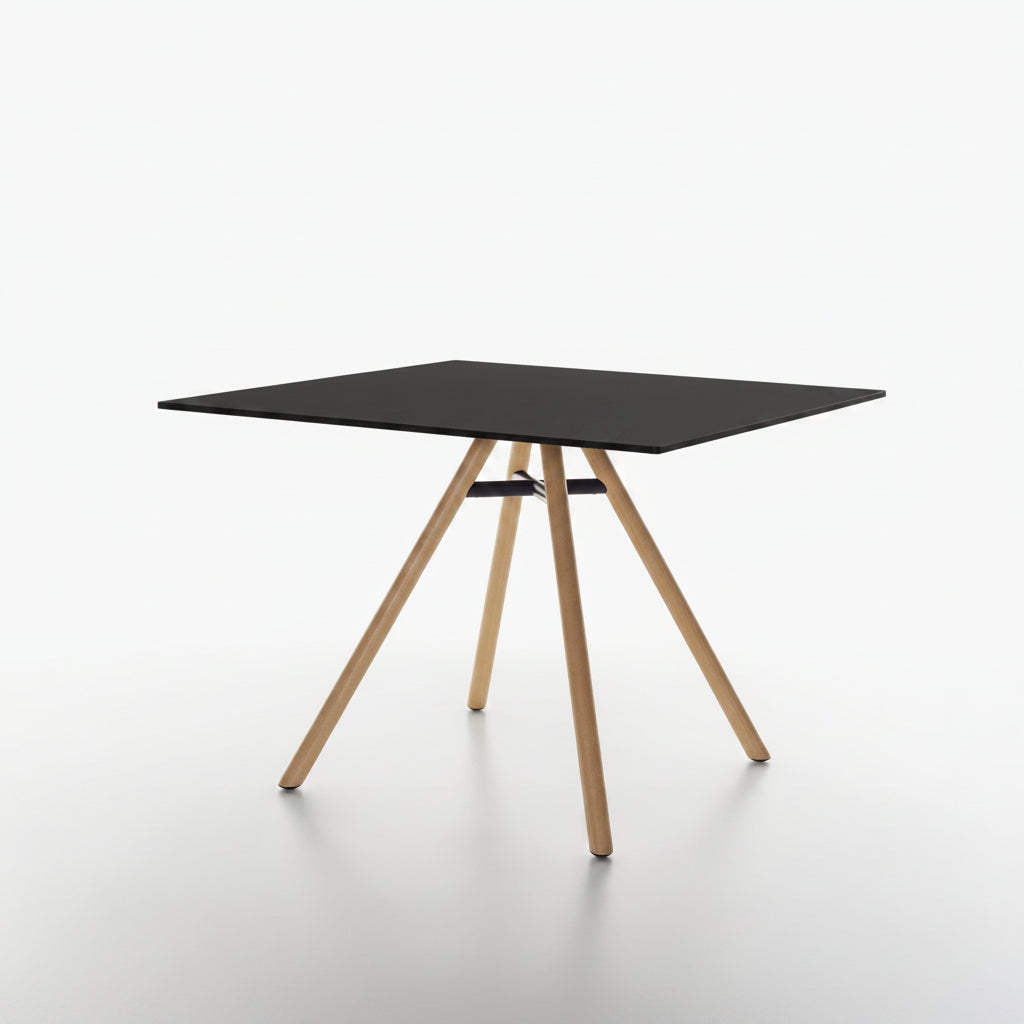 Square MART table with black HPL FunderMAX tabletop and ash natural legs