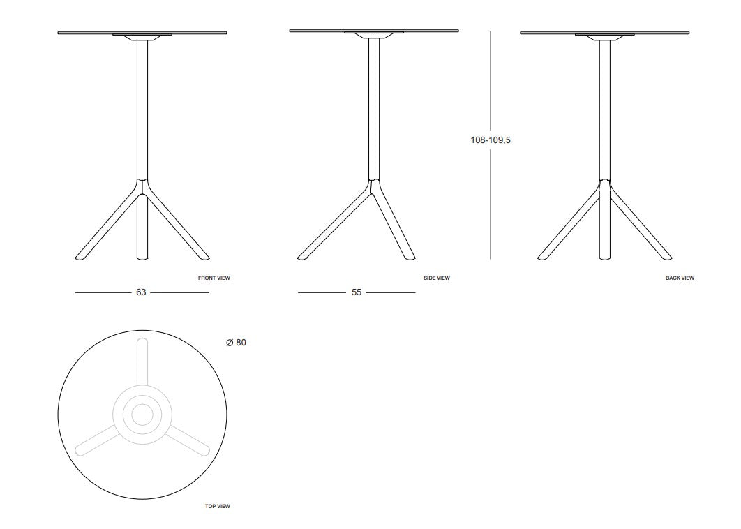 MIURA Table H108 D80 Dimensions