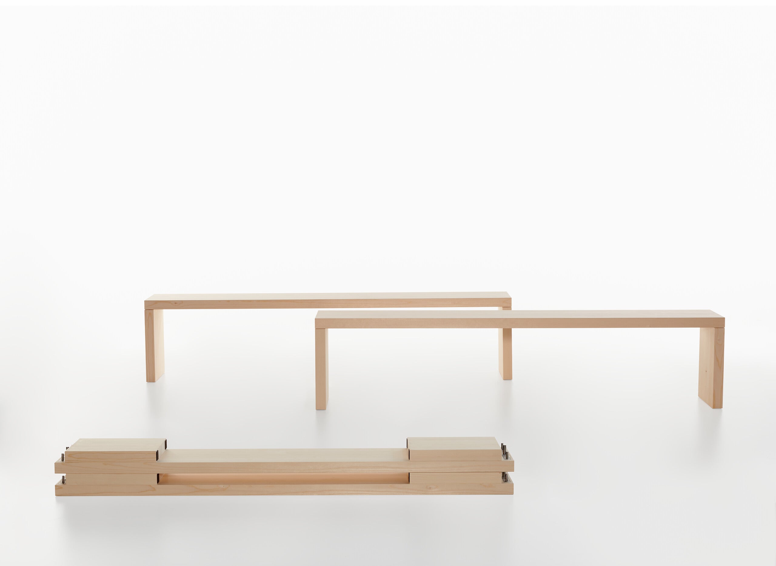 Wooden benches and disassembled parts of bench on a white background