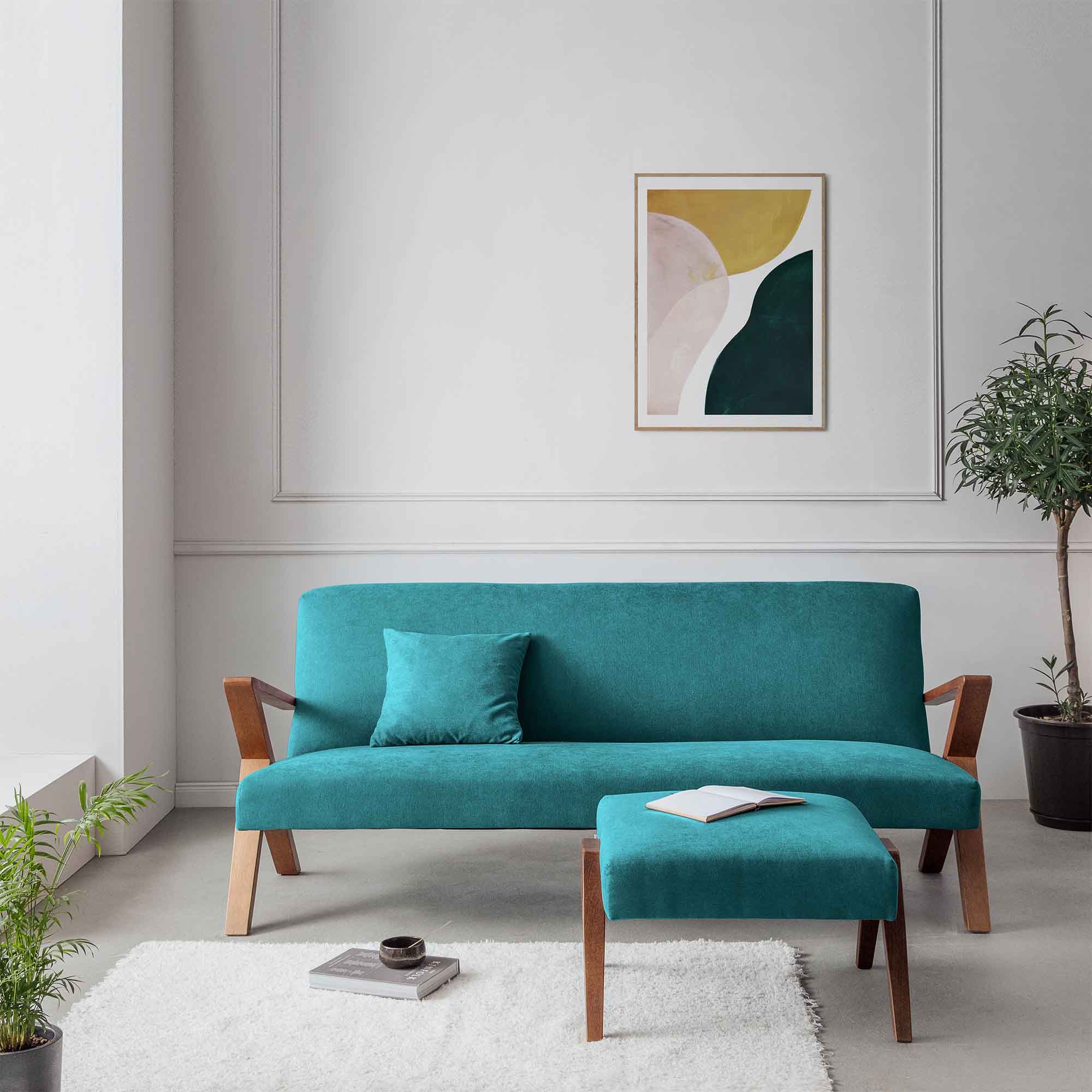 4-seater Sofa Beech Wood Frame, Walnut Colour blue fabric, front interior view