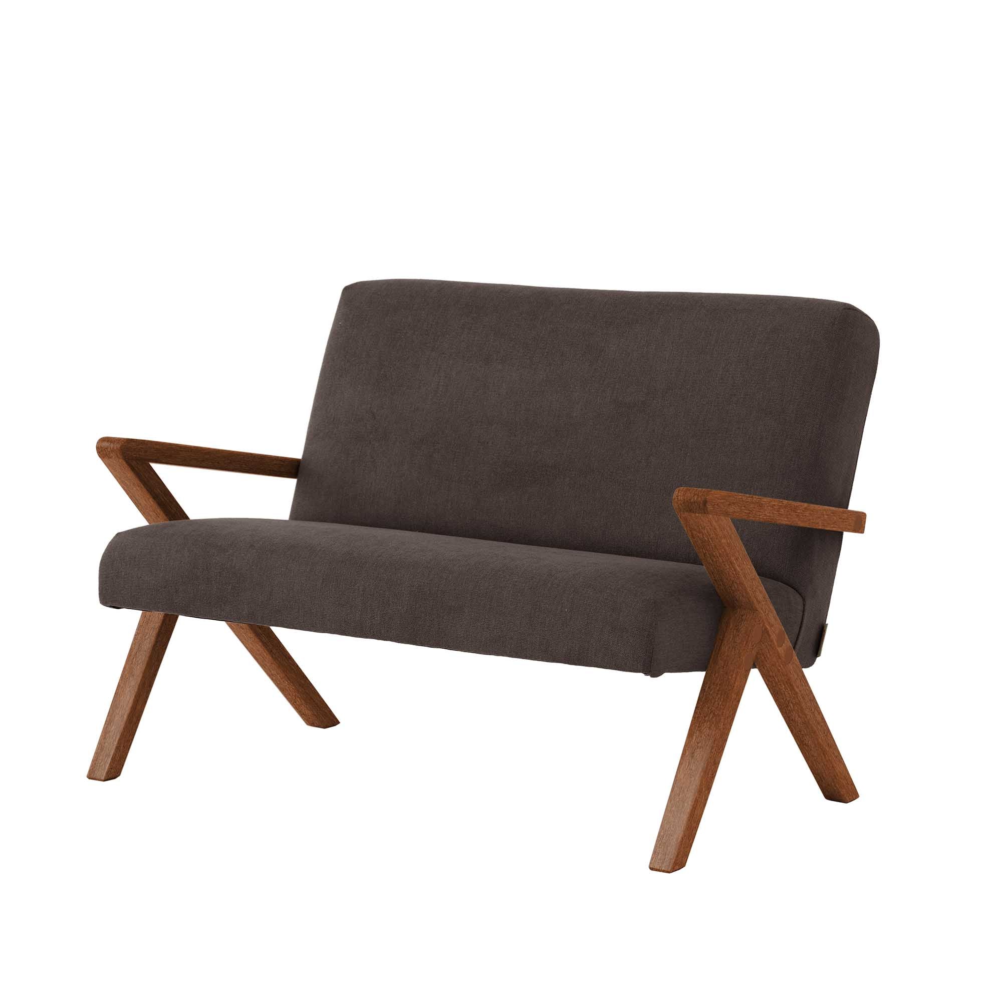 2 Seater Sofa, Beech Wood Frame, Walnut Colour, brown fabric, half-side view