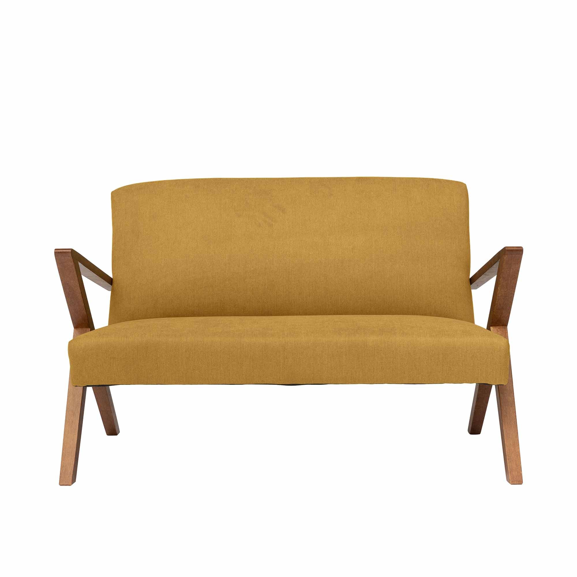 2-Seater Sofa, Beech Wood Frame, Walnut Colour yellow fabric, front view