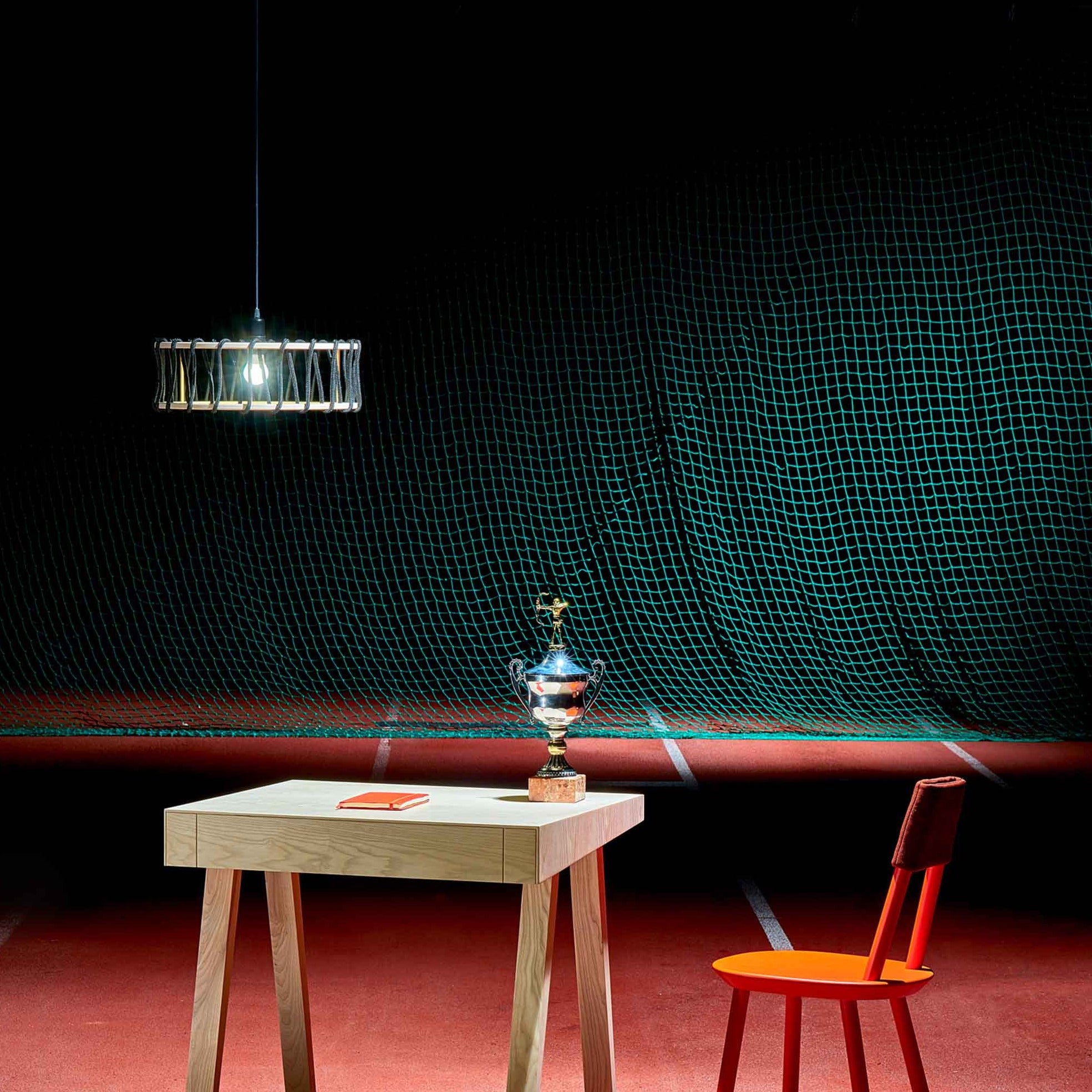 MACARON Pendant Lamp Blue 30 cm general interior front view with table and chair