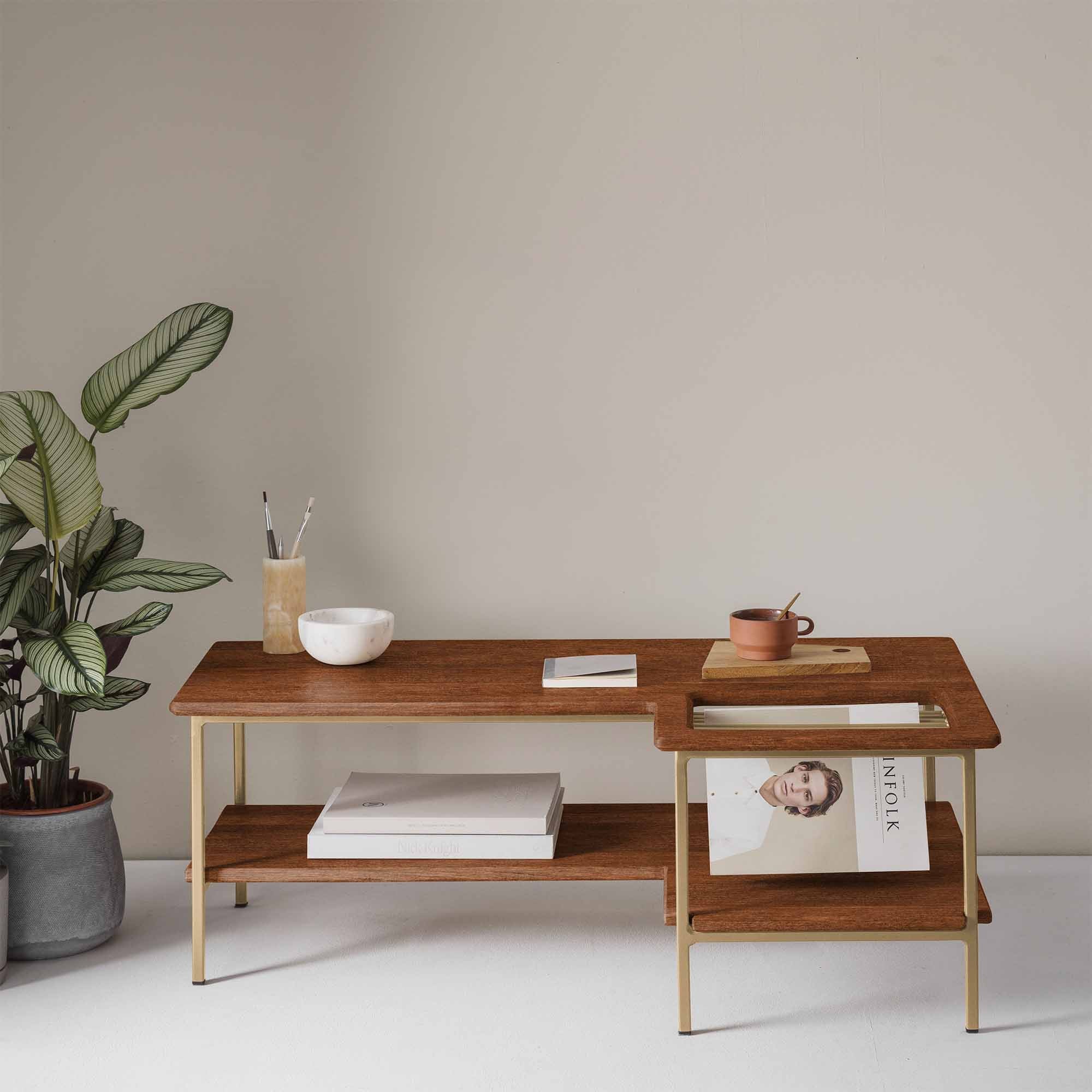 Living Room Table, Beech Wood, Walnut Colour yellow frame, front view