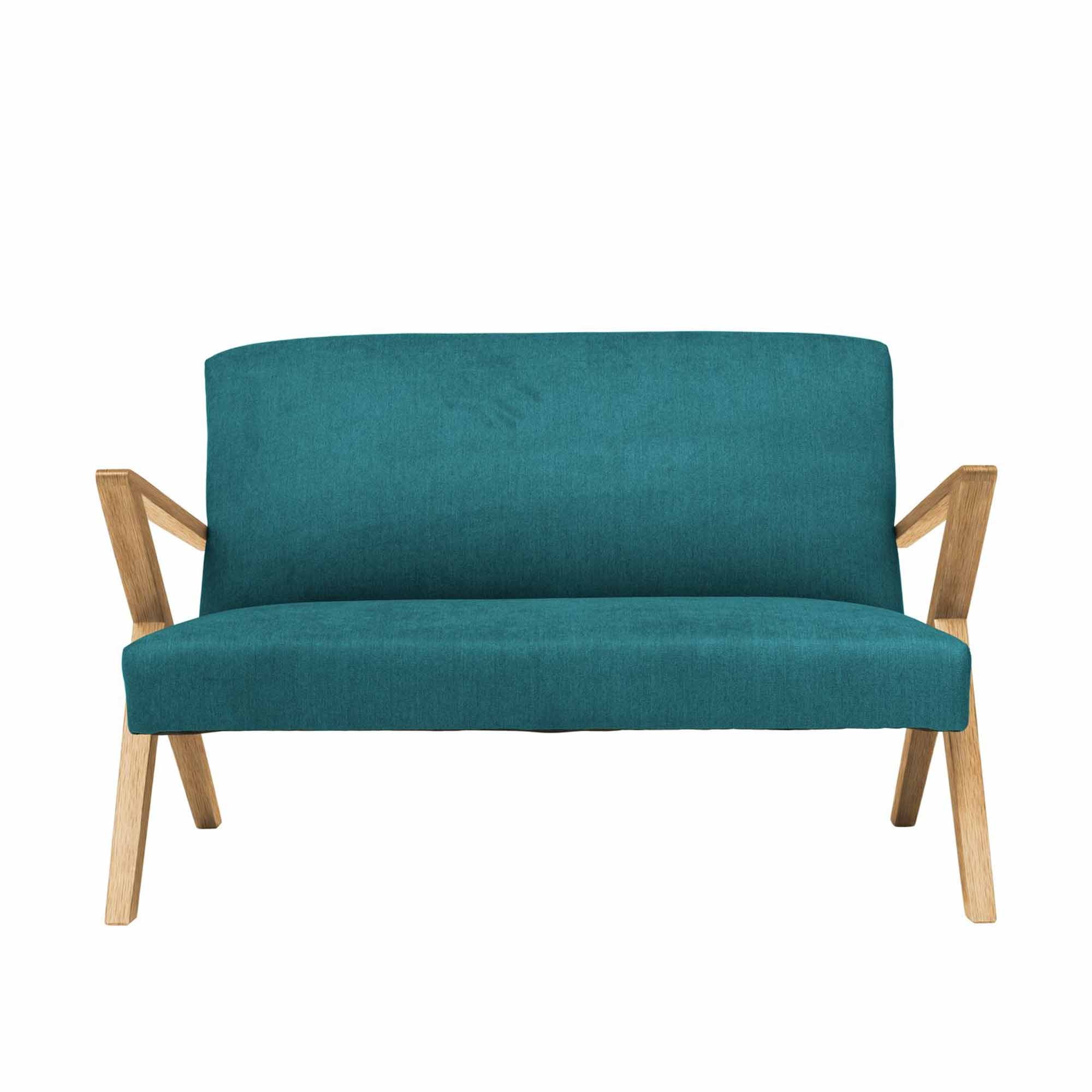 2-Seater Sofa, Oak Wood Frame, Natural Colour blue fabric, front view