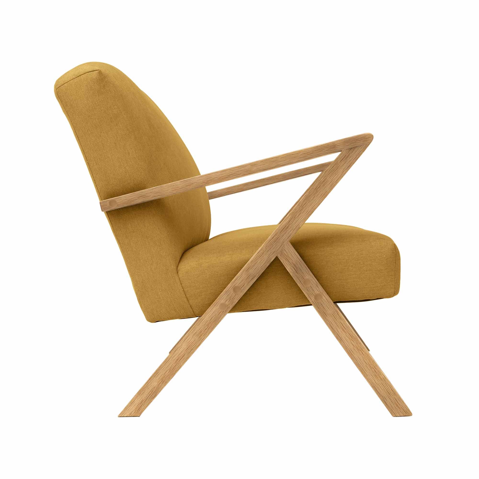 2-Seater Sofa, Oak Wood Frame, Natural Colour yellow fabric, side view