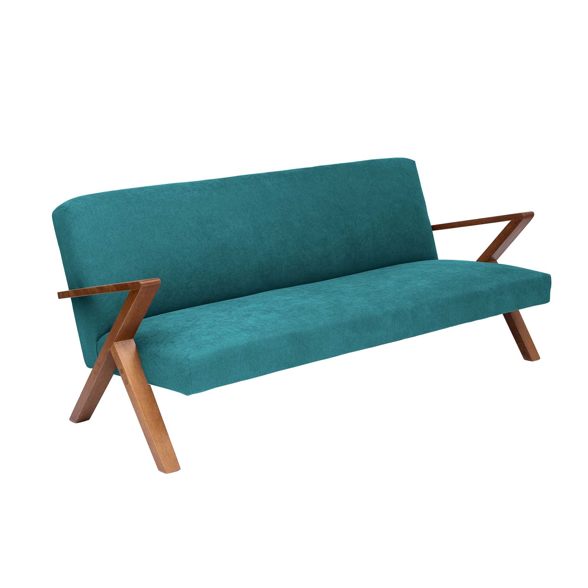 4-seater Sofa Beech Wood Frame, Walnut Colour blue fabric, half-side view