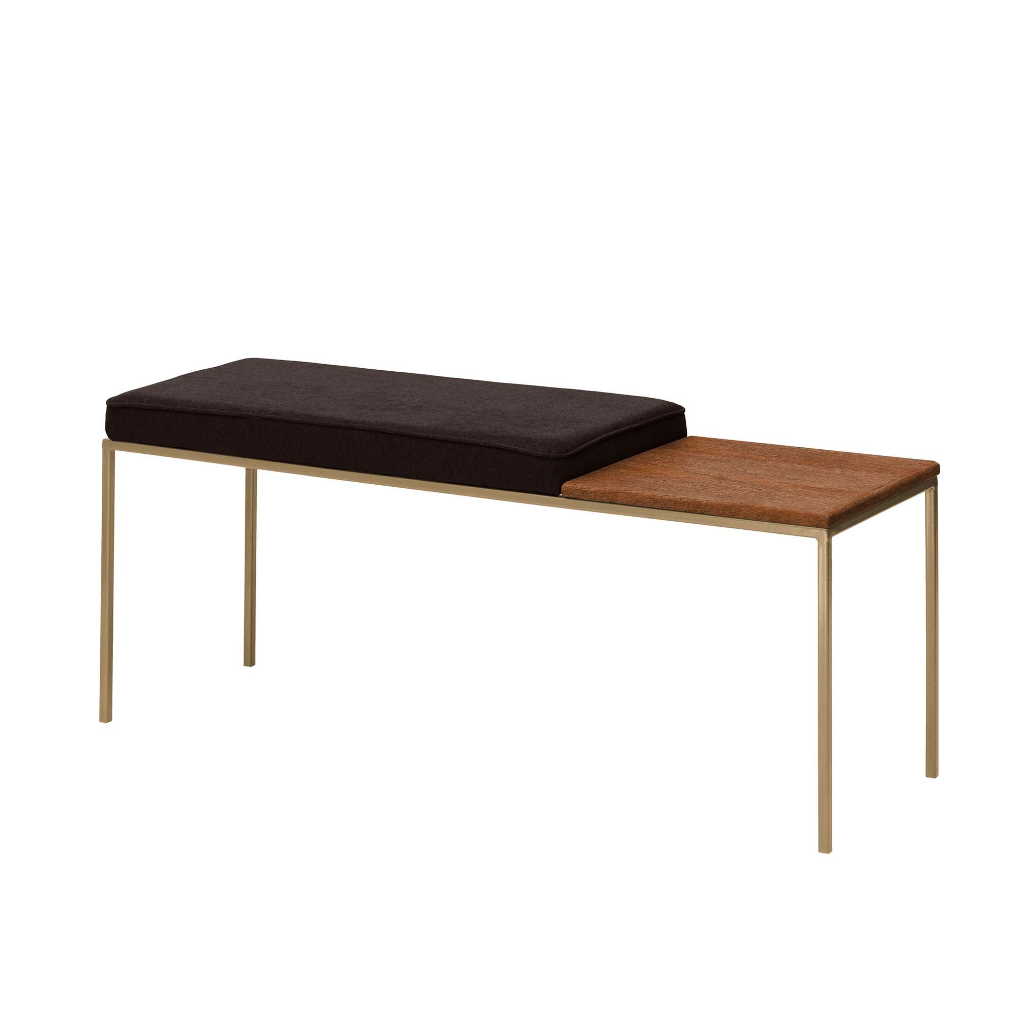 Beech Wood Seat, Walnut Colour brown fabric, yellow frame, half-side view