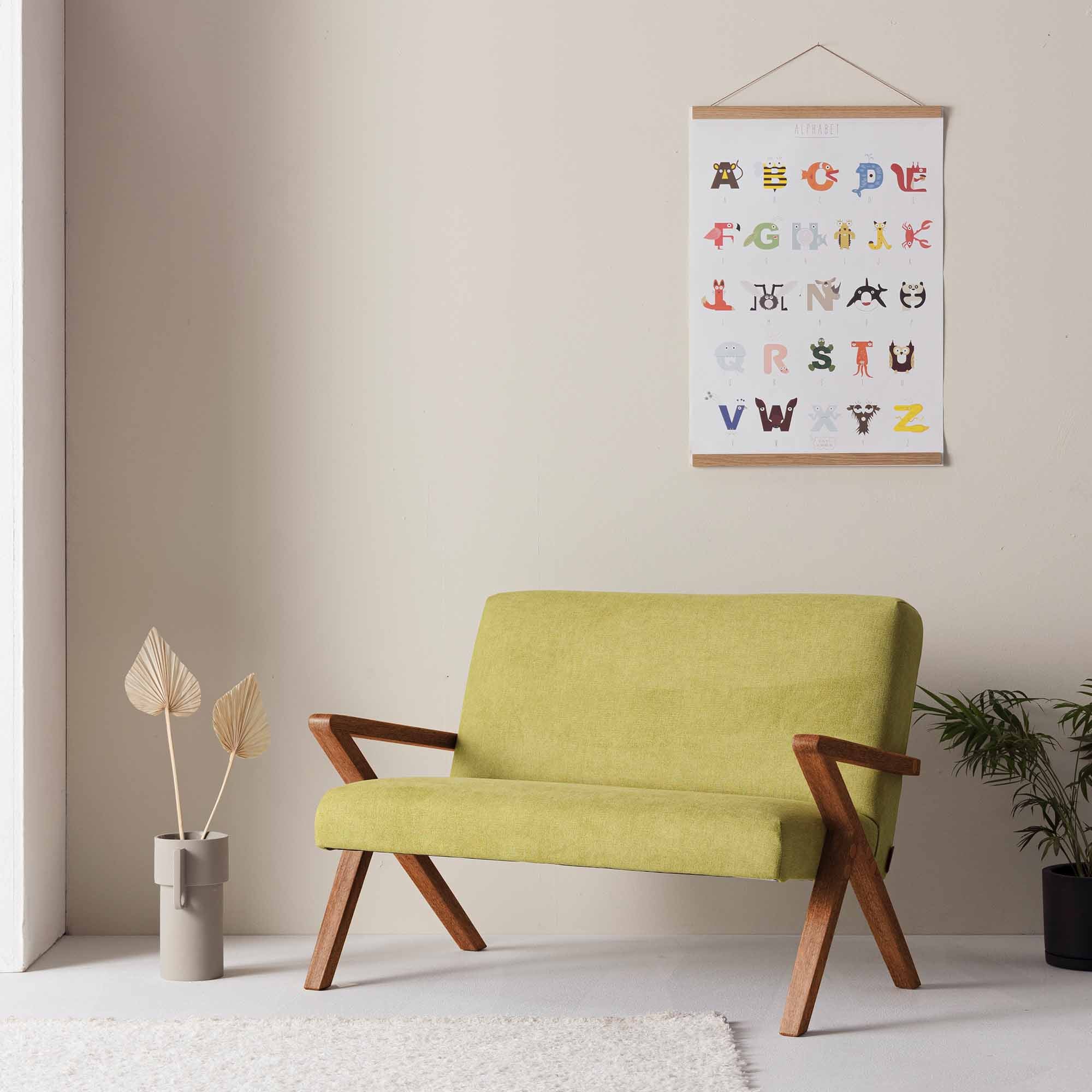 2 Seater Sofa, Beech Wood Frame, Walnut Colour interior view, yellow upholstery