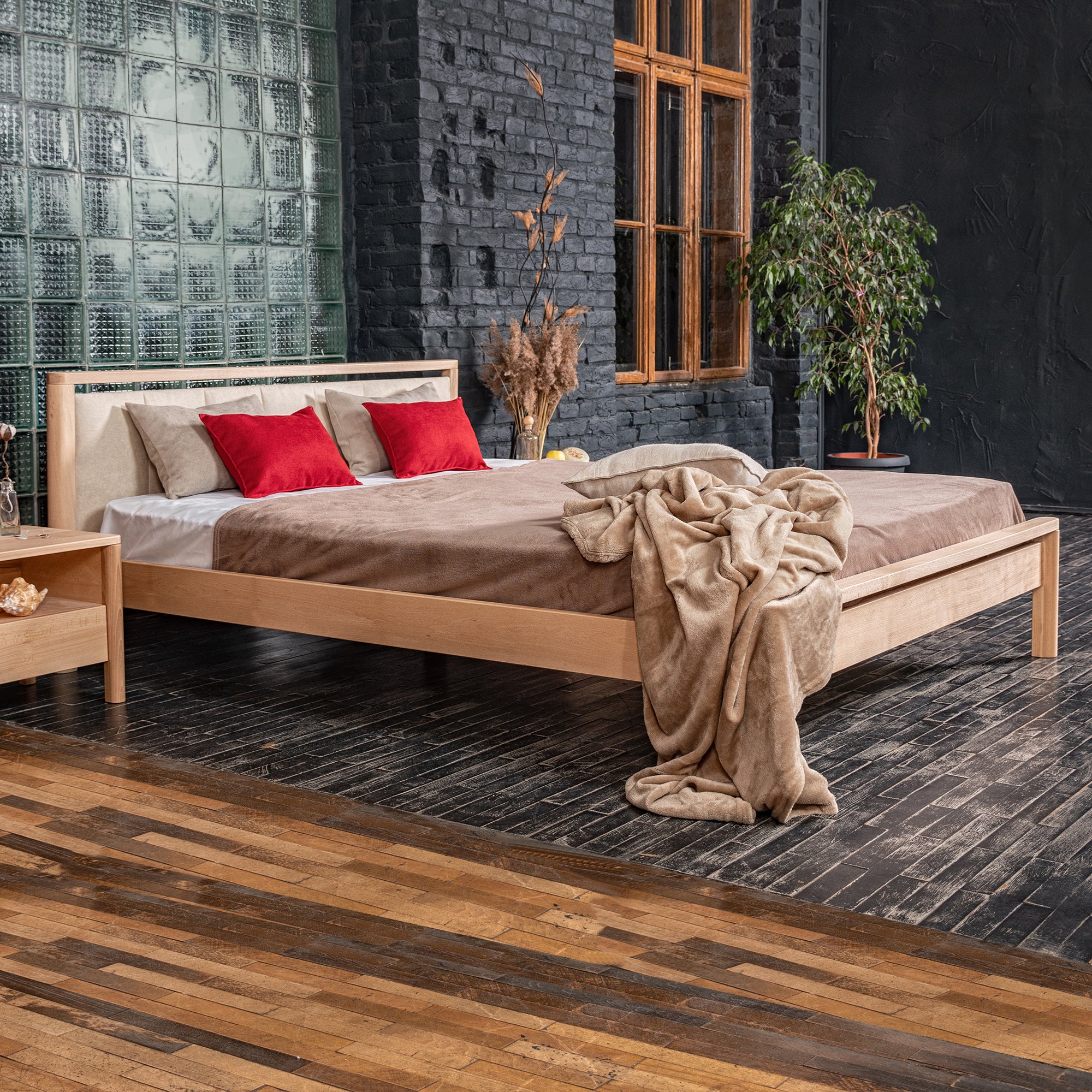 DROP SOFT Double Bed Natural Wood Beech Frame with Upholstered Headboard