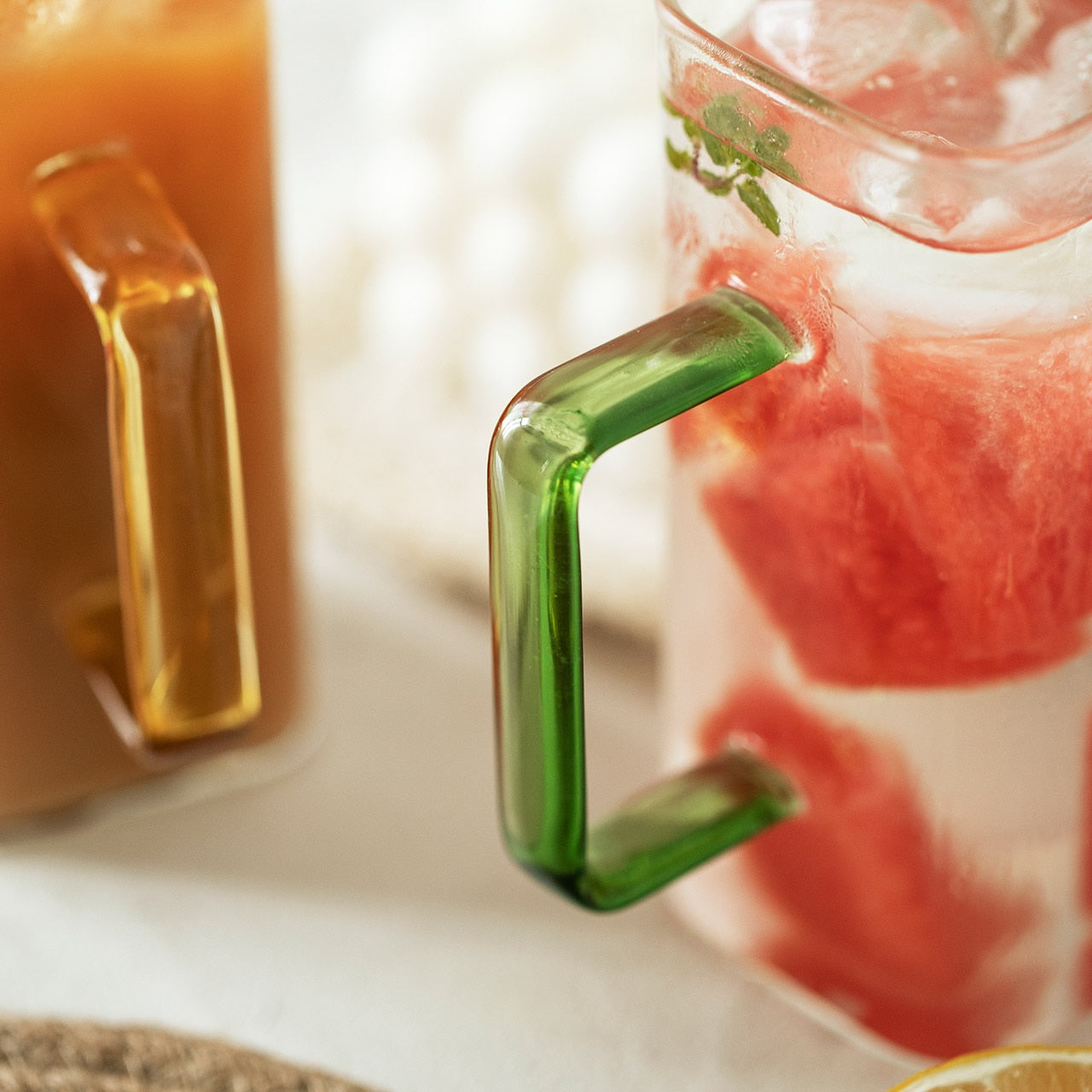 Square Glass Mug With Colourful Handle green and yellow handle crop view