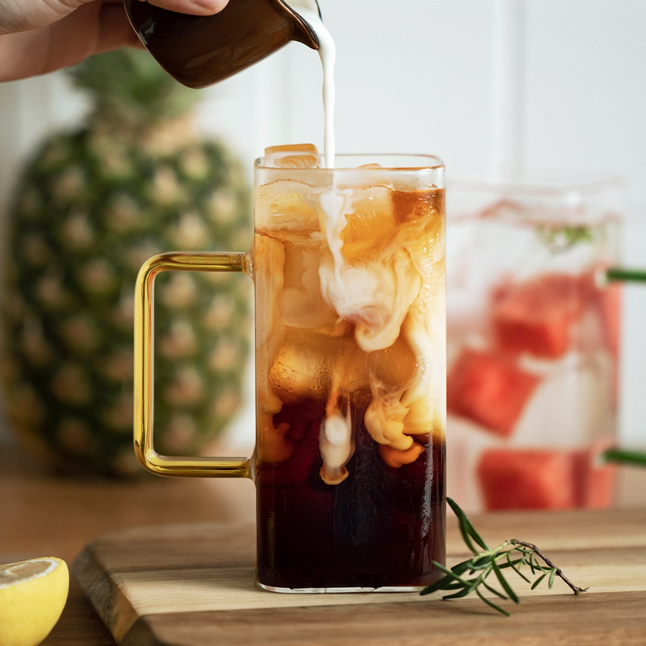 Square Glass Mug With Colourful Handle with coffee and milk yellow handle