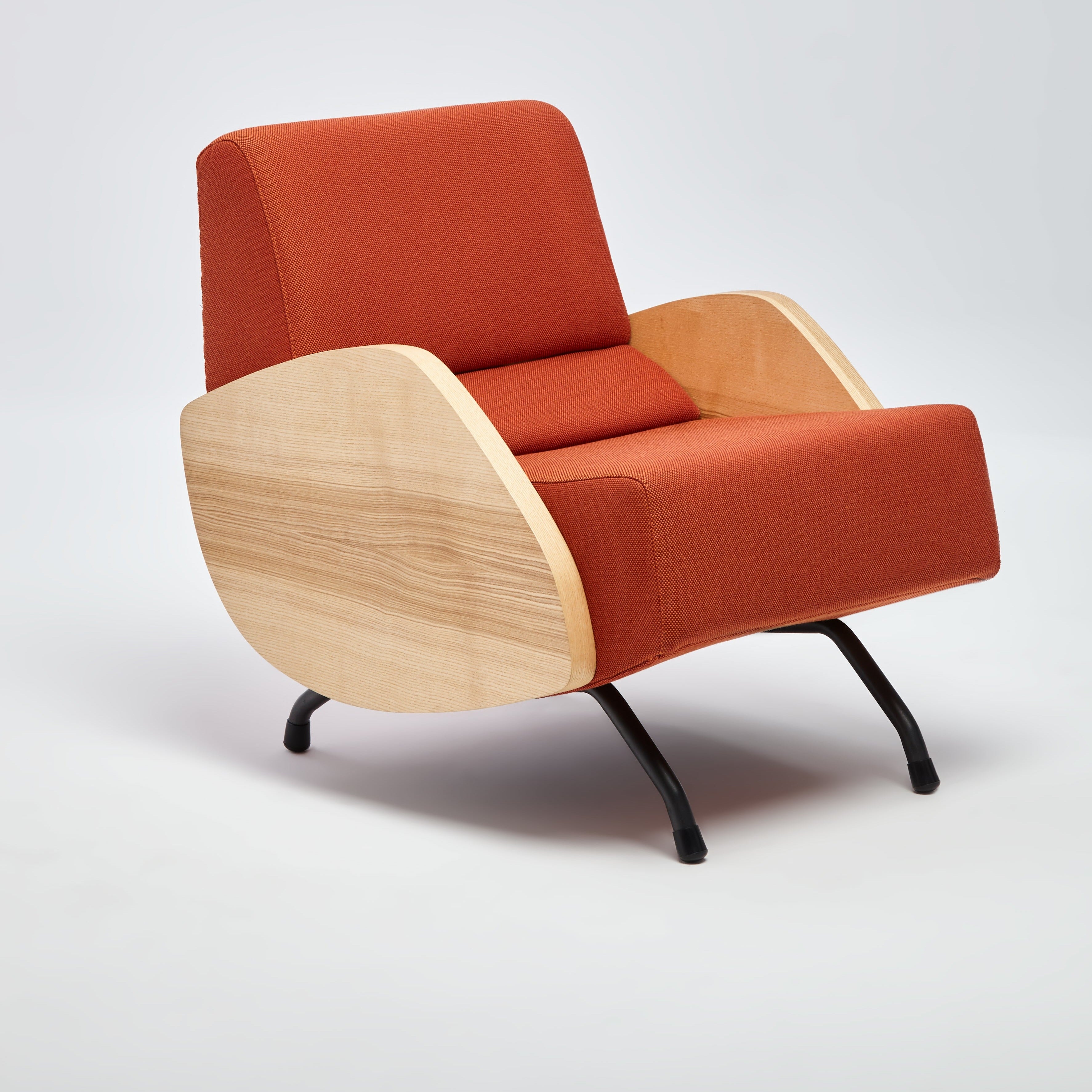 R360 Armchair walnut frame upholstery colour coral red