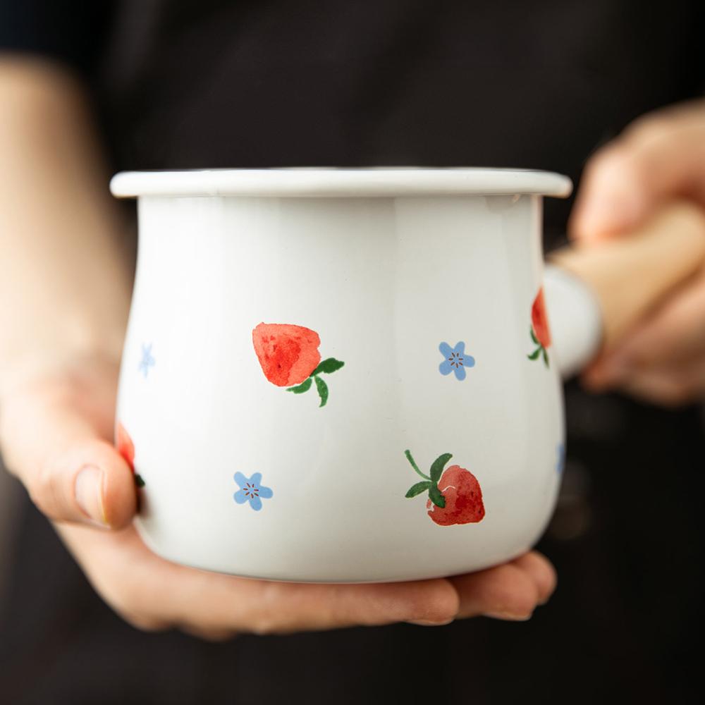 Enamel Milk Pot With Wooden Handle