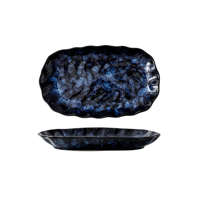 Ceramic Blue Dinner Plates And Bowls Japanese Retro Style