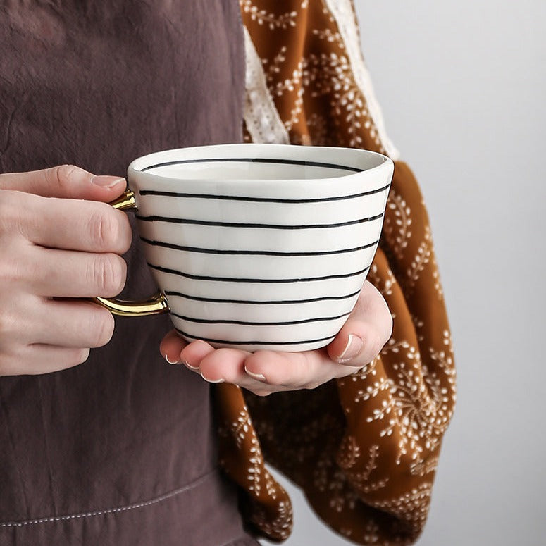 Hand Painted Geometric Ceramic Mugs With Gold Handle