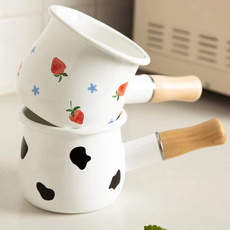 Enamel Milk Pot With Wooden Handle