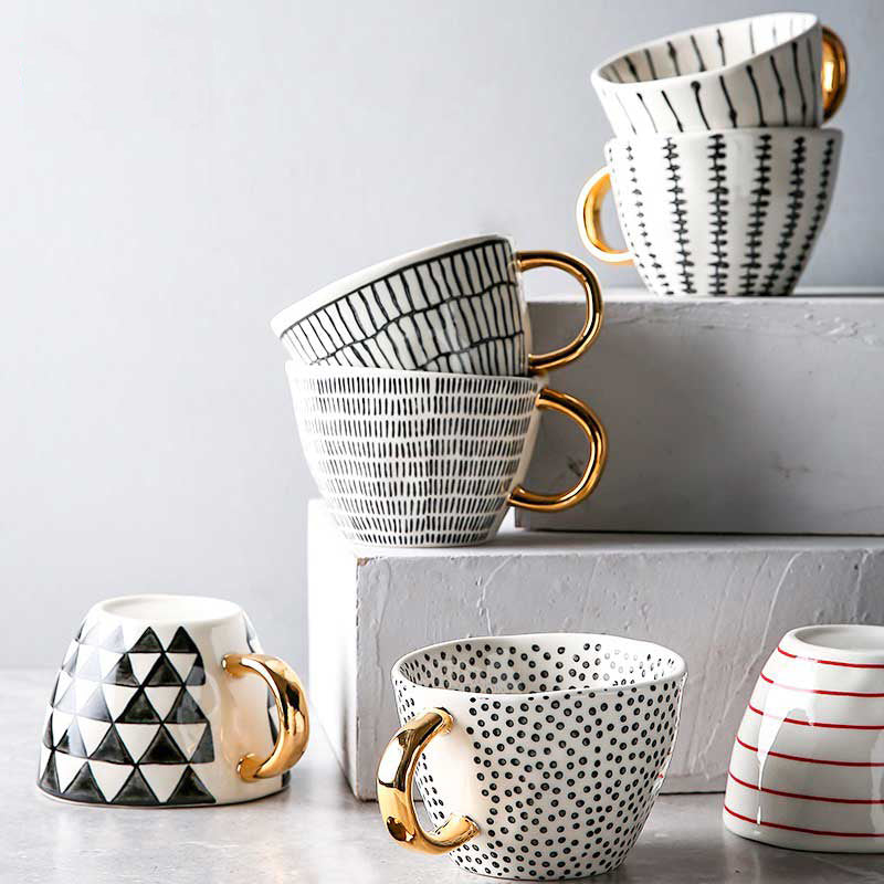 Hand Painted Geometric Ceramic Mugs With Gold Handle