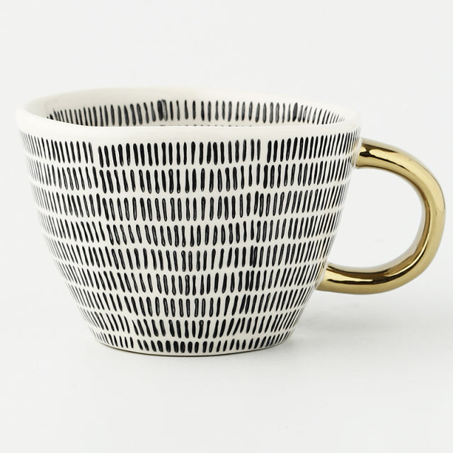 Hand Painted Geometric Ceramic Mugs With Gold Handle