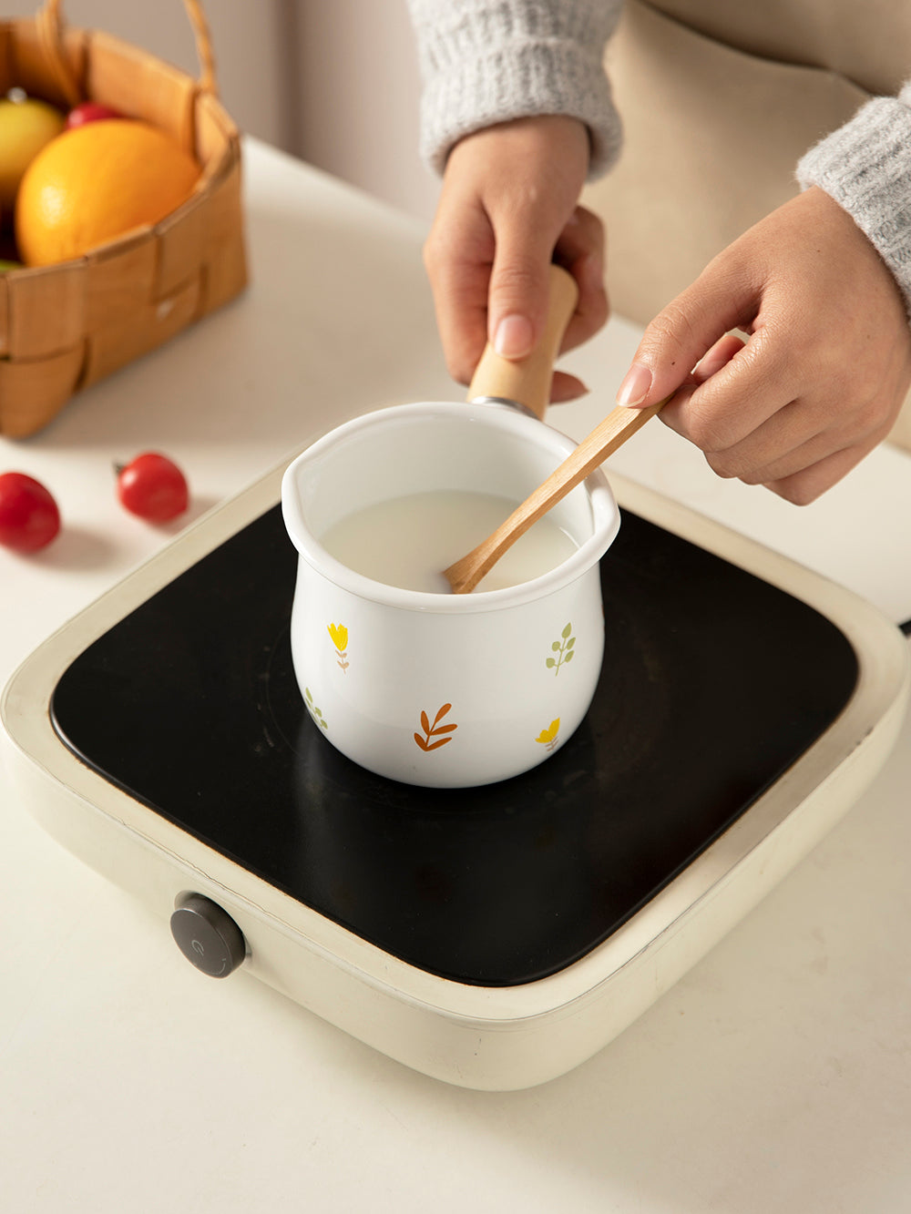Enamel Milk Pot With Wooden Handle