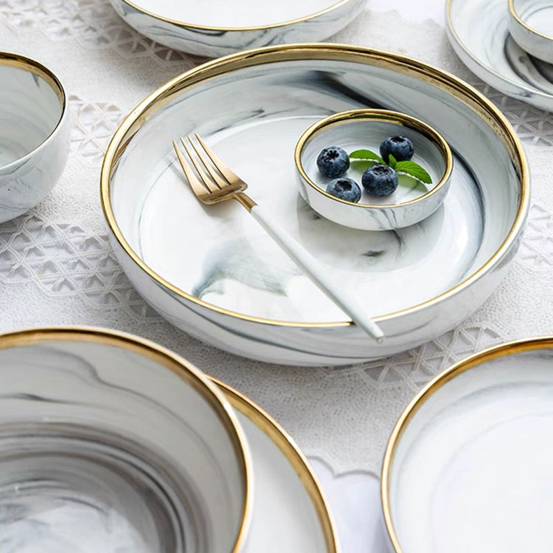 Marble Ceramic Dinner Plates with Golden Rim