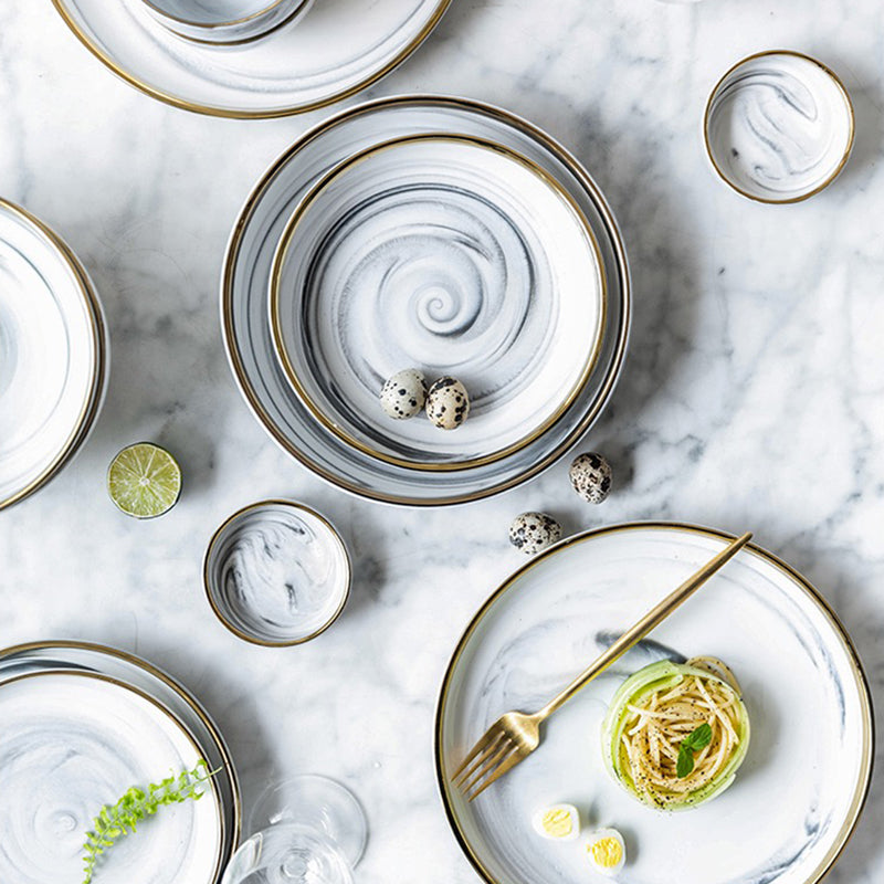 Marble Ceramic Dinner Plates with Golden Rim