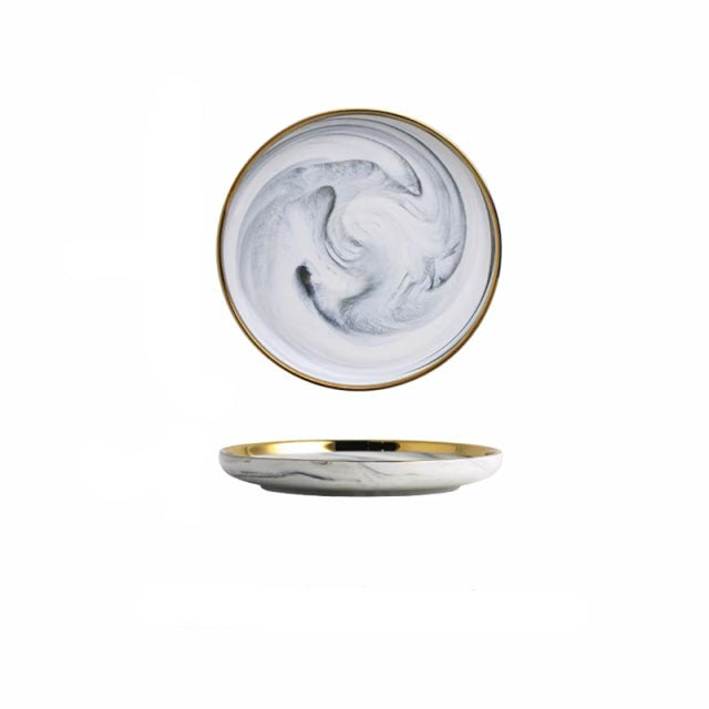 Marble Ceramic Dinner Plates with Golden Rim