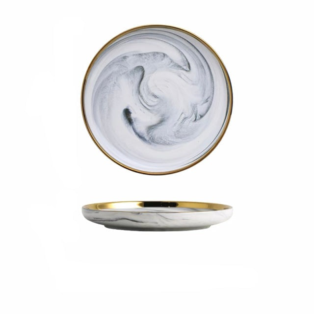 Marble Ceramic Dinner Plates with Golden Rim
