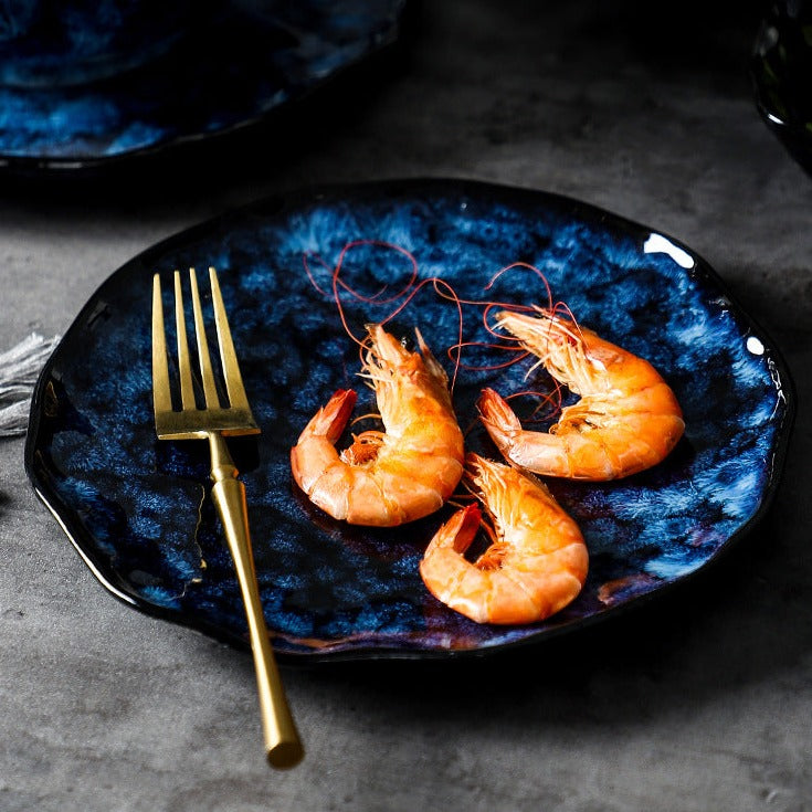 Ceramic Blue Dinner Plates And Bowls Japanese Retro Style