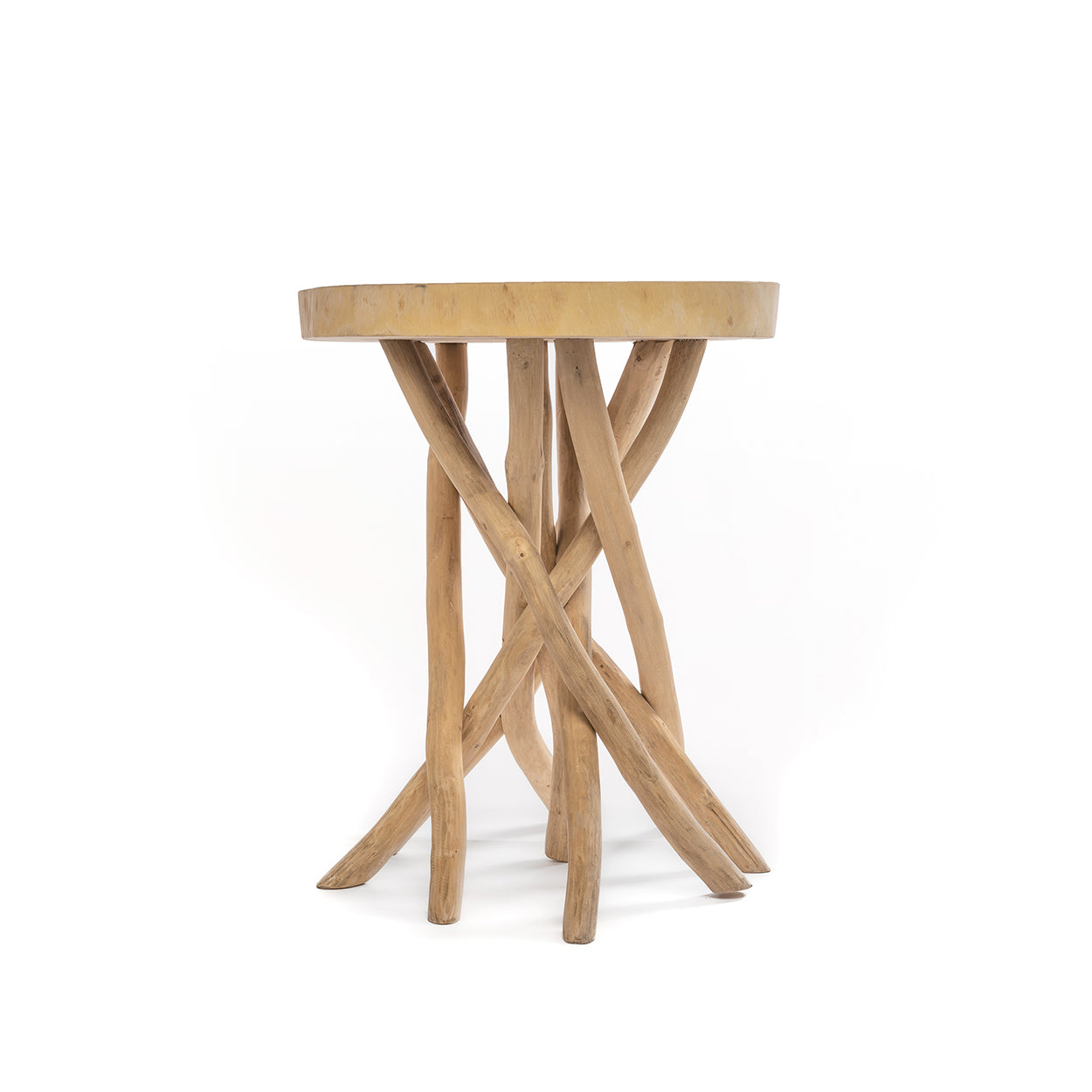 Wooden side table with a round top and twisted legs on a white background