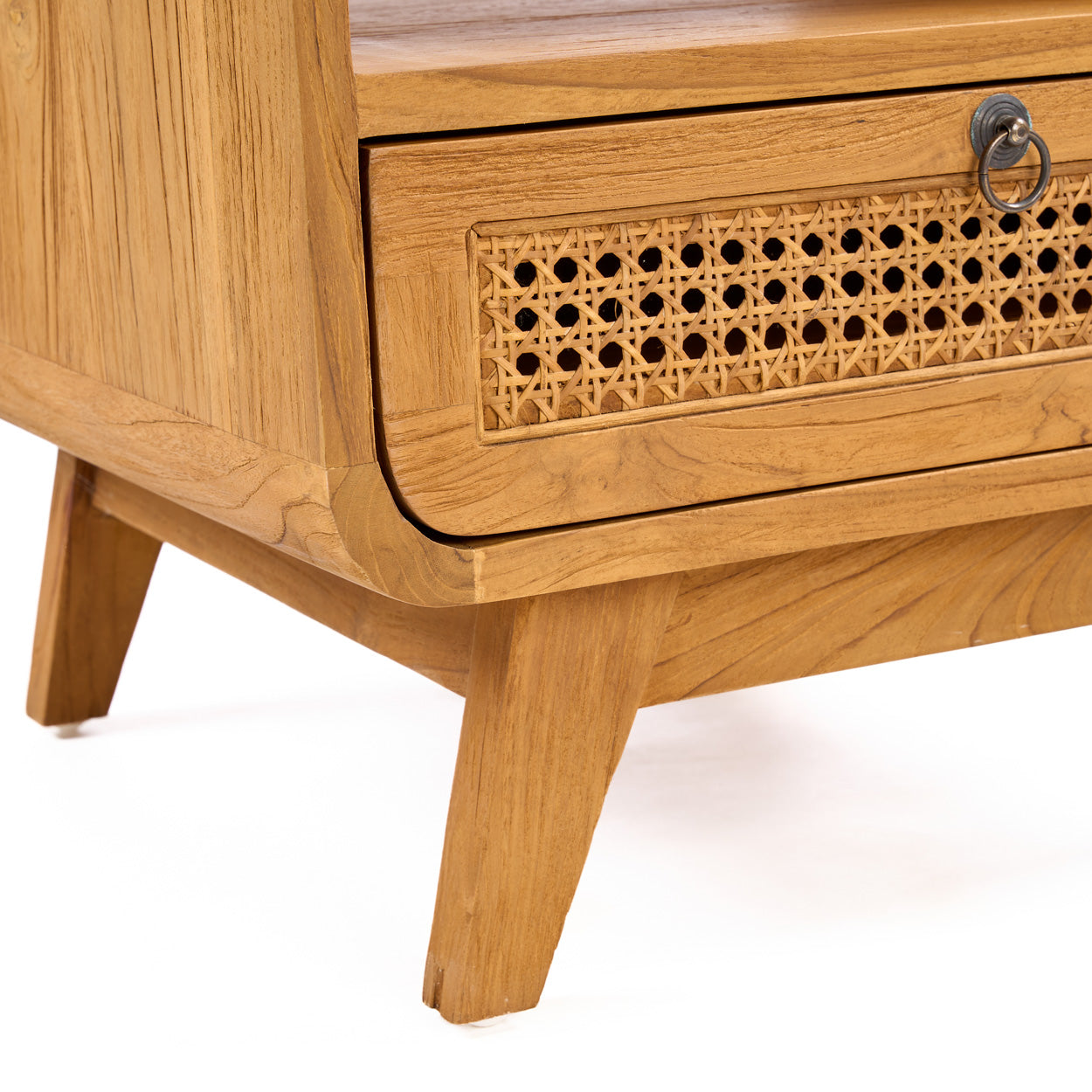 Close-up of a wooden bedside table with a drawer featuring a wicker texture on a white background