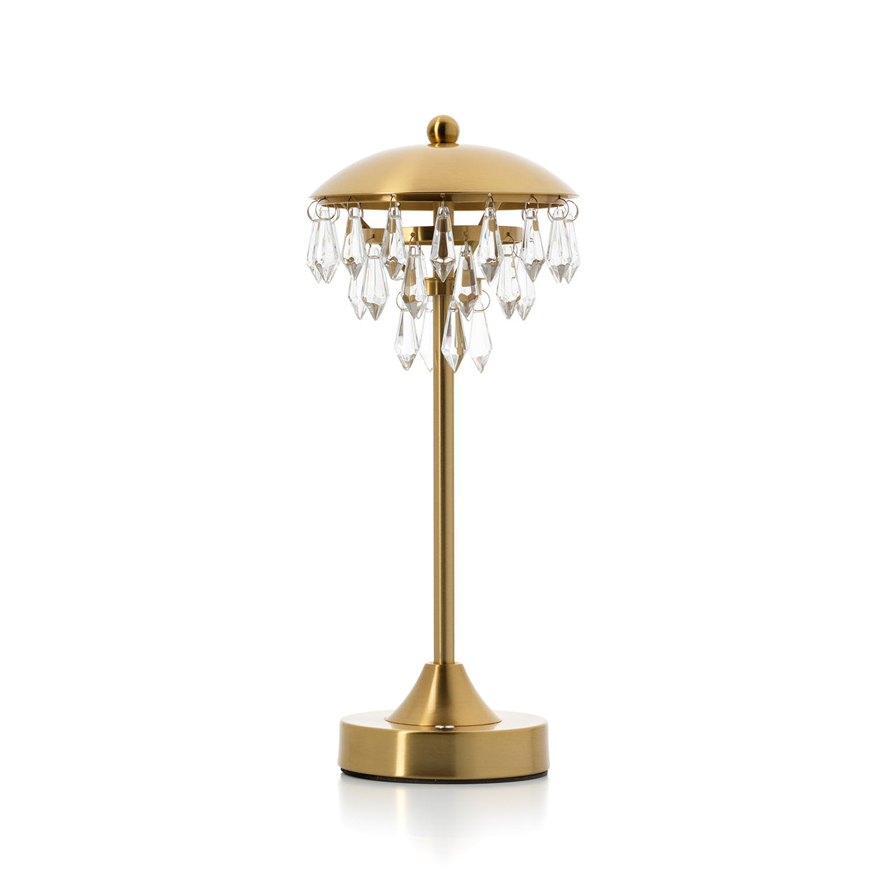Gold table lamp with crystal accents on a white background