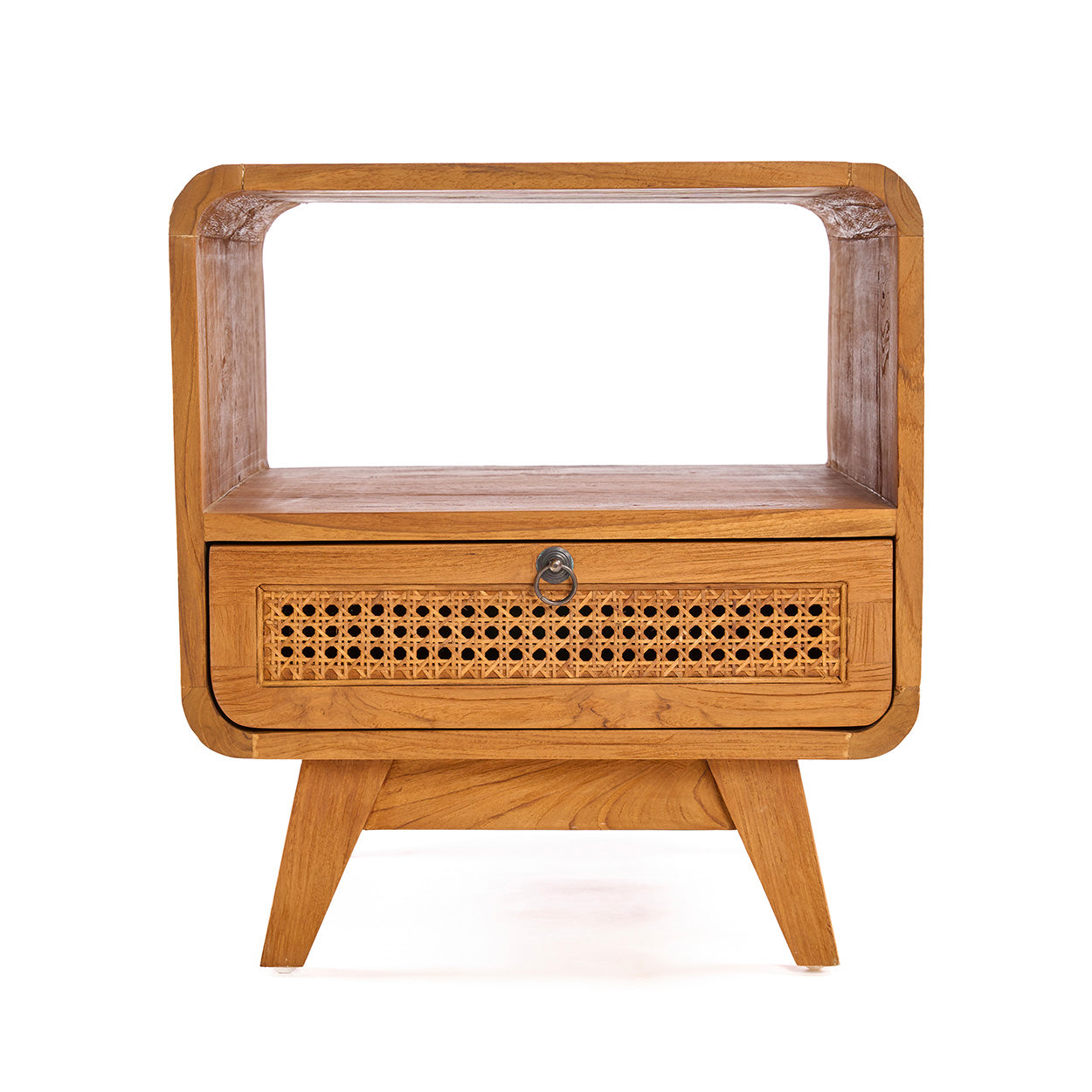 Wooden bedside table with wicker drawer on a white background