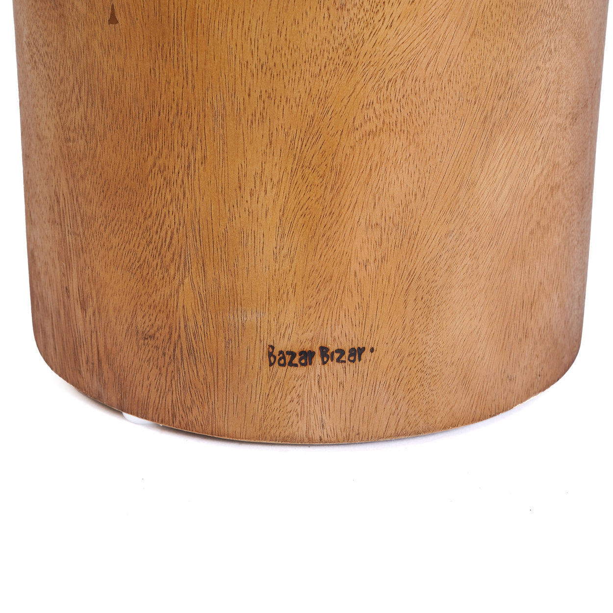 Wooden side table with 'Bazar Bizar' branding on a white background