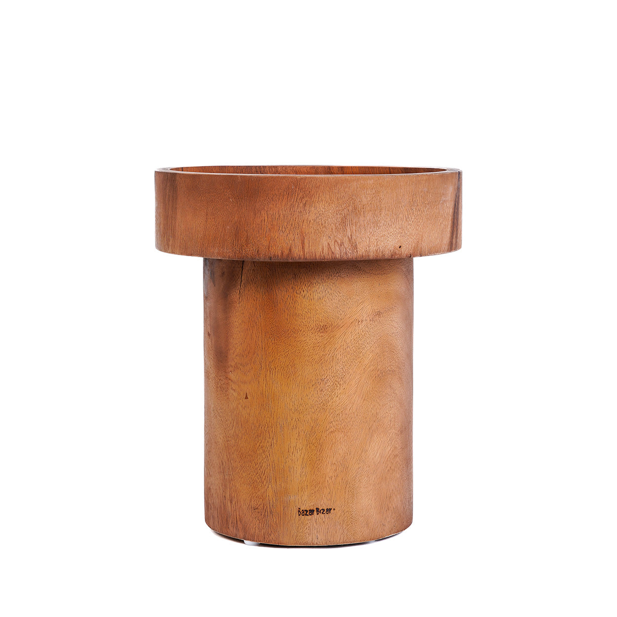 Natural colour cylindrical side table with a wide round top on a white background