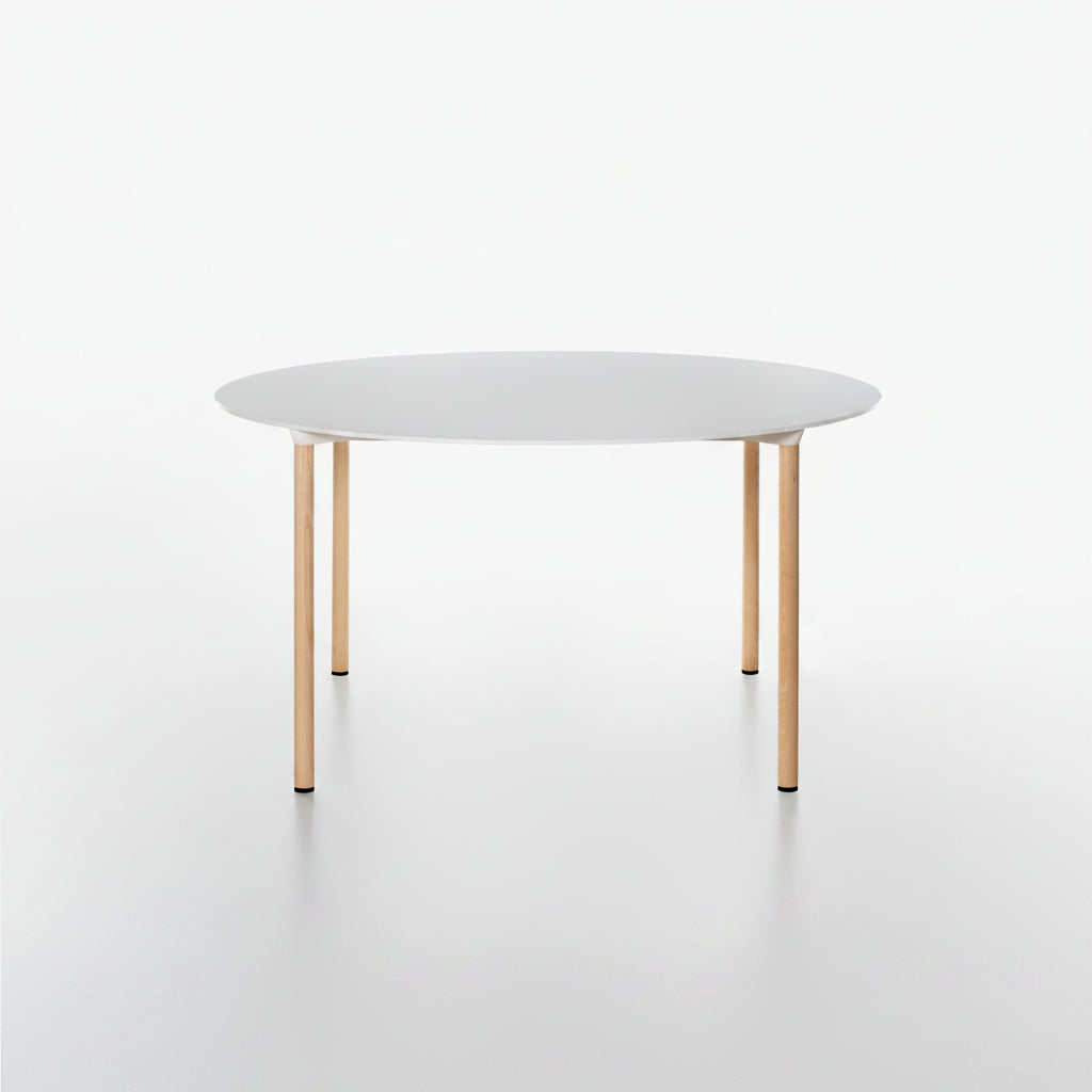 MONZA round table with white HPL table top and ash natural lacquered legs on a white background