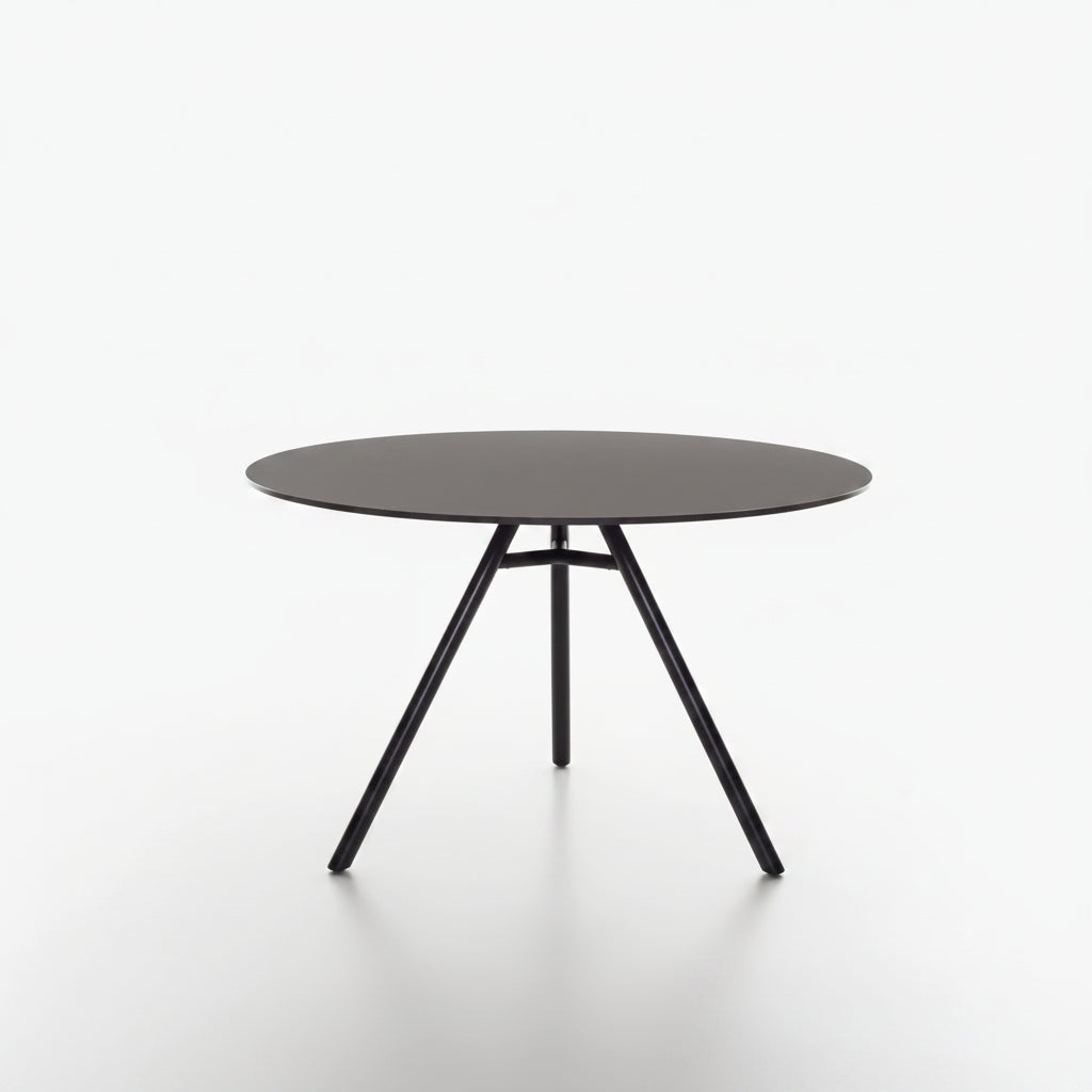 Round MART table with black FunderMAX table top and black powder coated legs