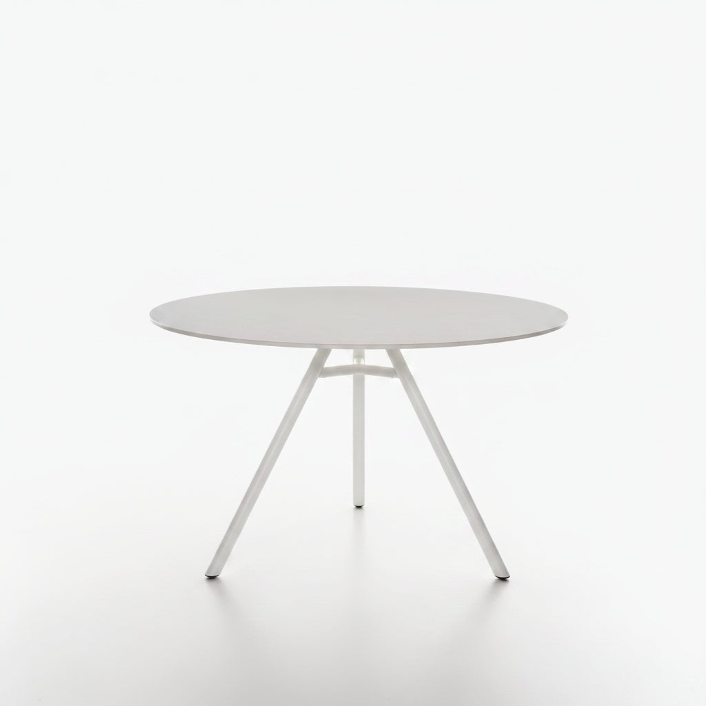Round MART table with white FunderMAX table top and white powder coated legs