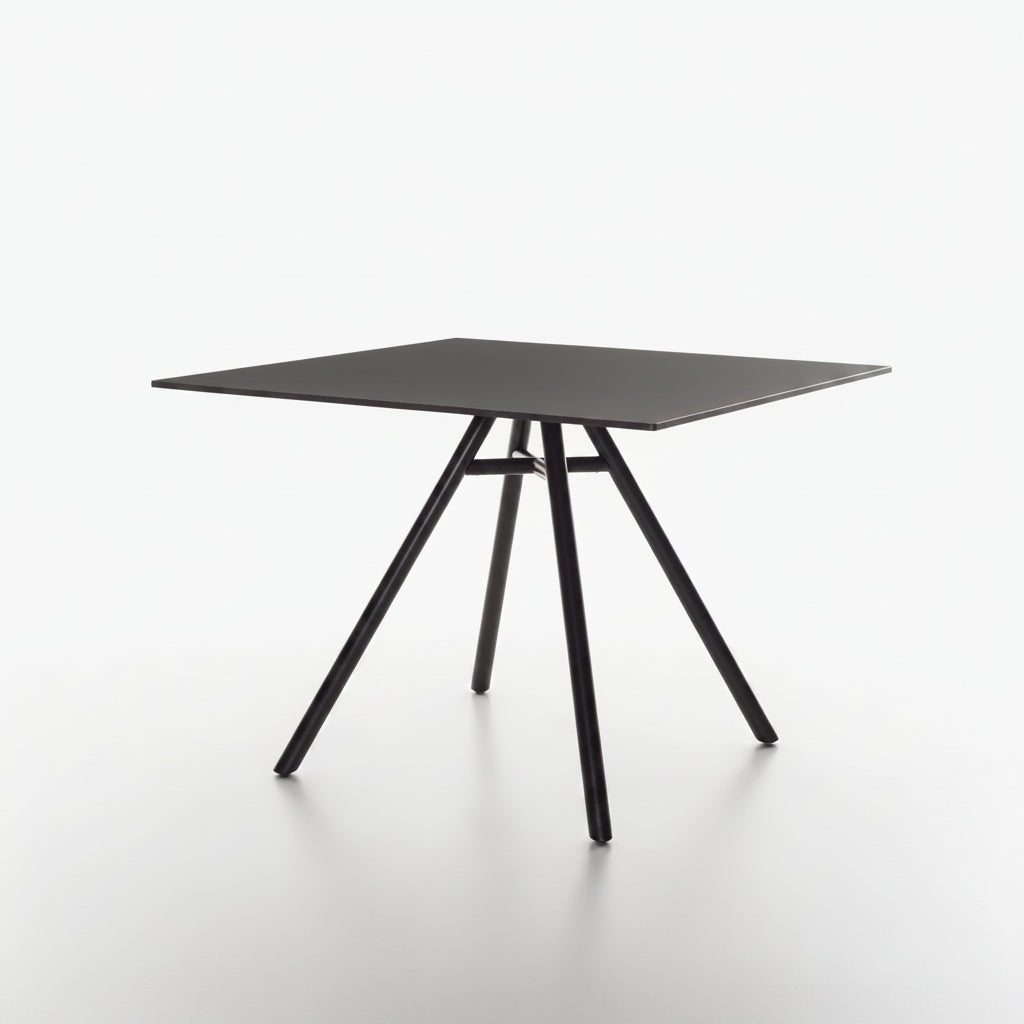 Square MART table with black HPL FunderMAX tabletop and black powder coated legs