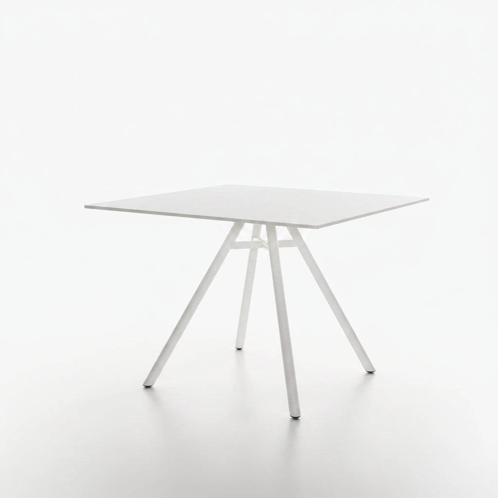 Square MART table with white HPL FunderMAX tabletop and white powder coated legs