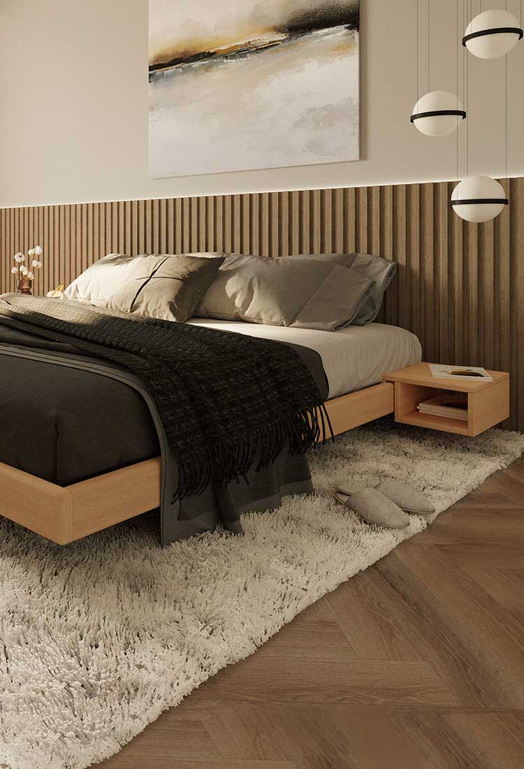A wooden double bed that seems to hang in the air