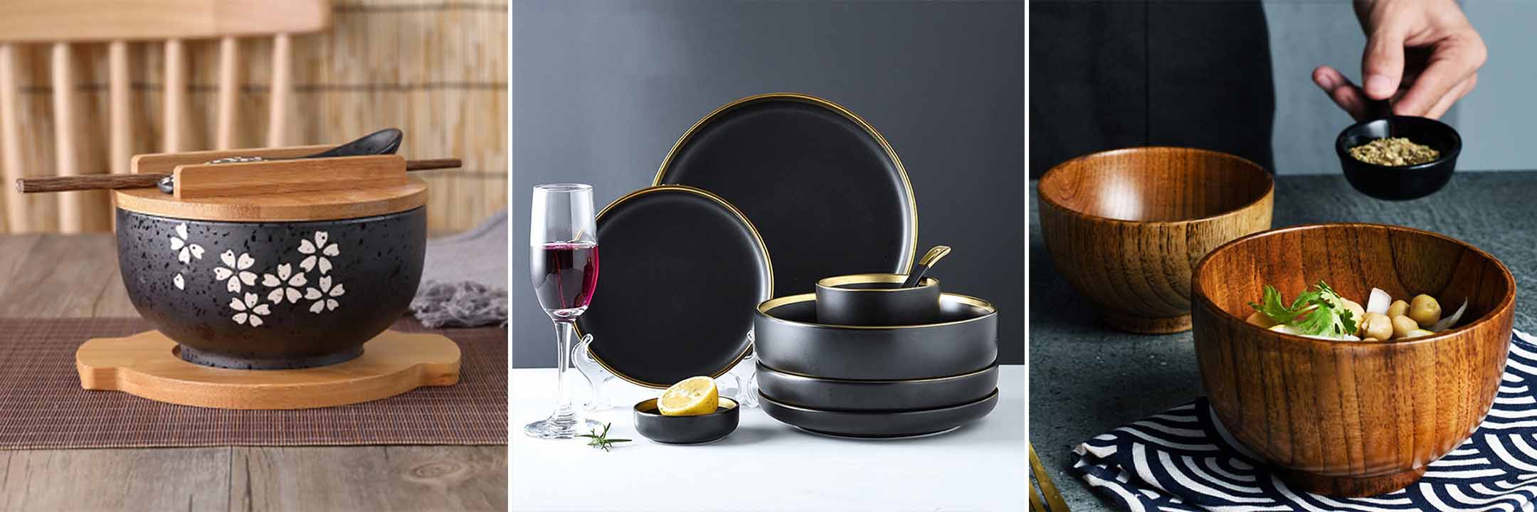 Ceramic black dinner plates and wooden bowls