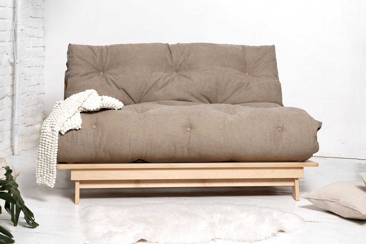 Double seats futon chair made from beech wood and with beige mattress