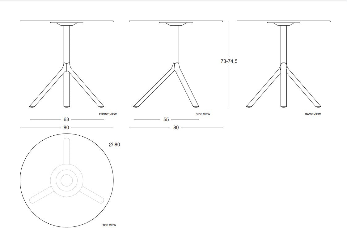 MIURA Table H73 D80 Dimensions